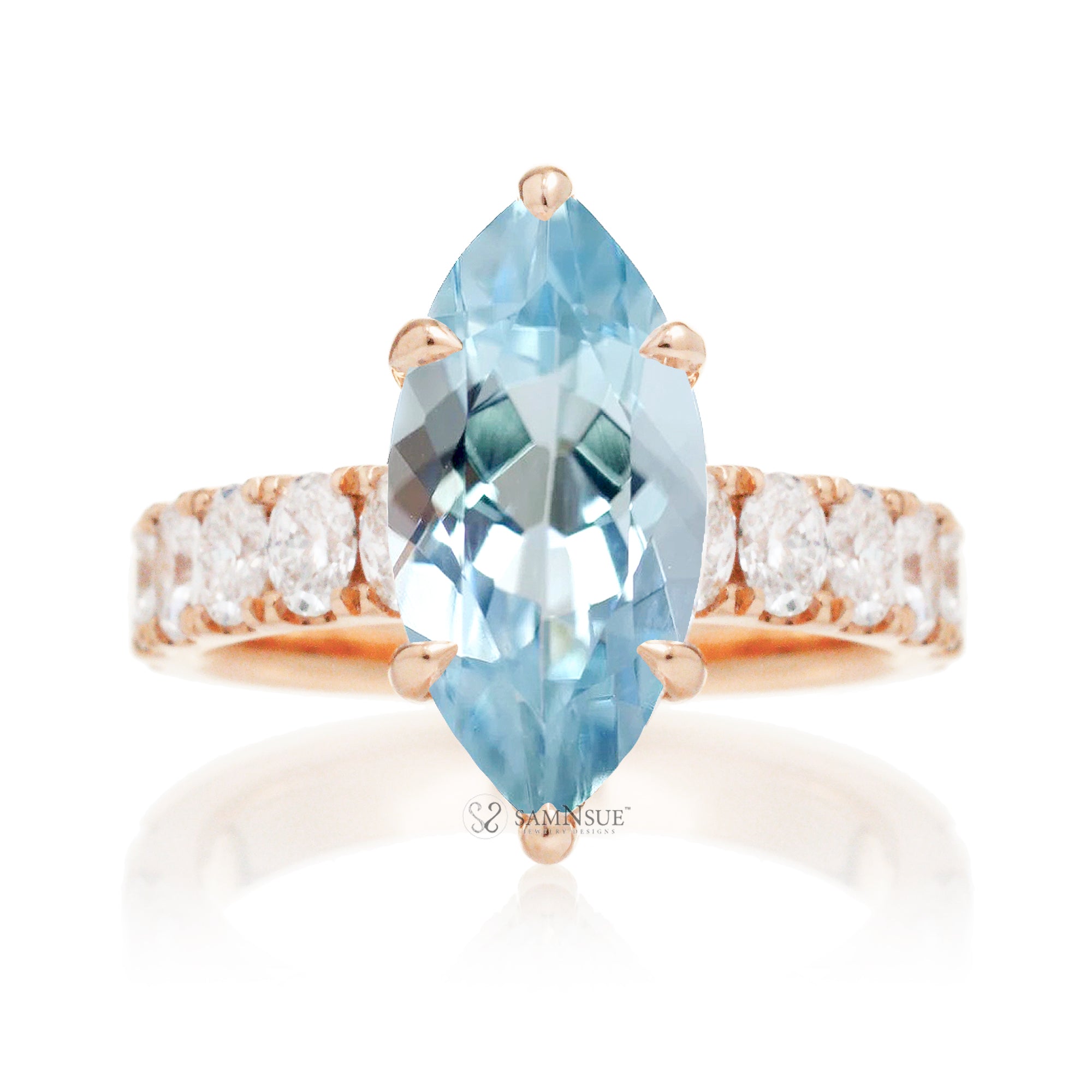 Marquise cut aquamarine large oval diamond band with hidden halo six prongs rose gold