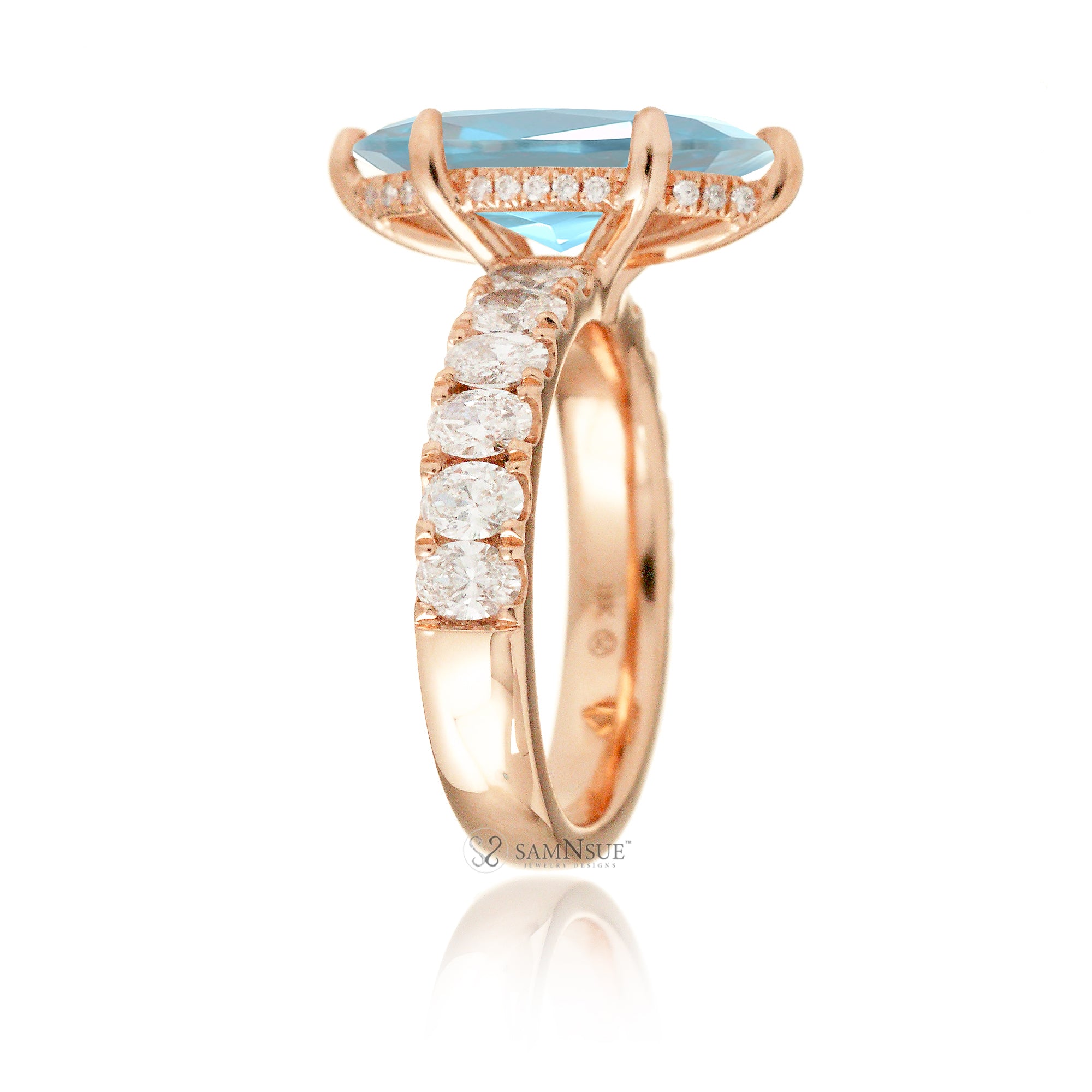 Marquise cut aquamarine large oval diamond band with hidden halo six prongs rose gold
