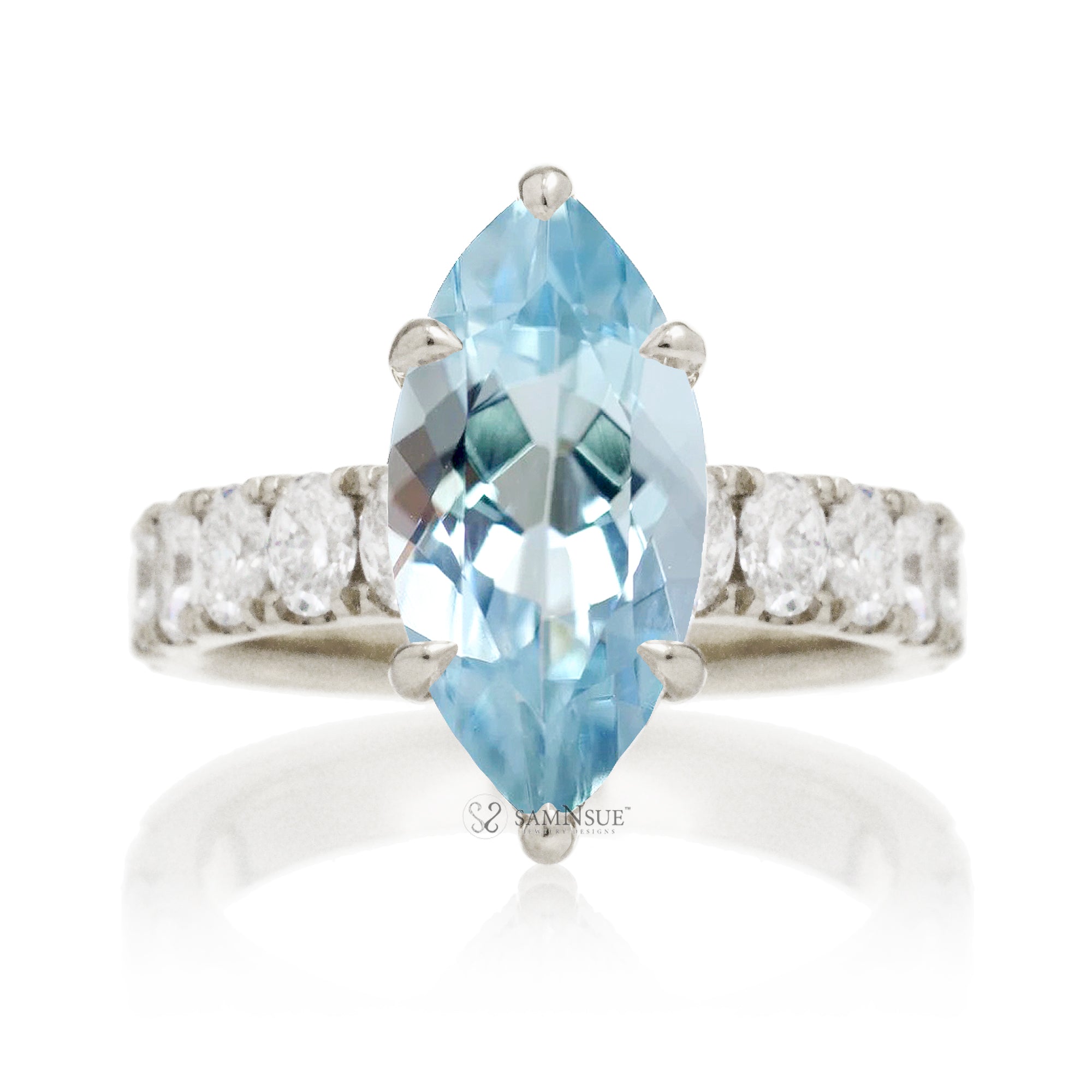 Marquise cut aquamarine large oval diamond band with hidden halo six prongs white gold