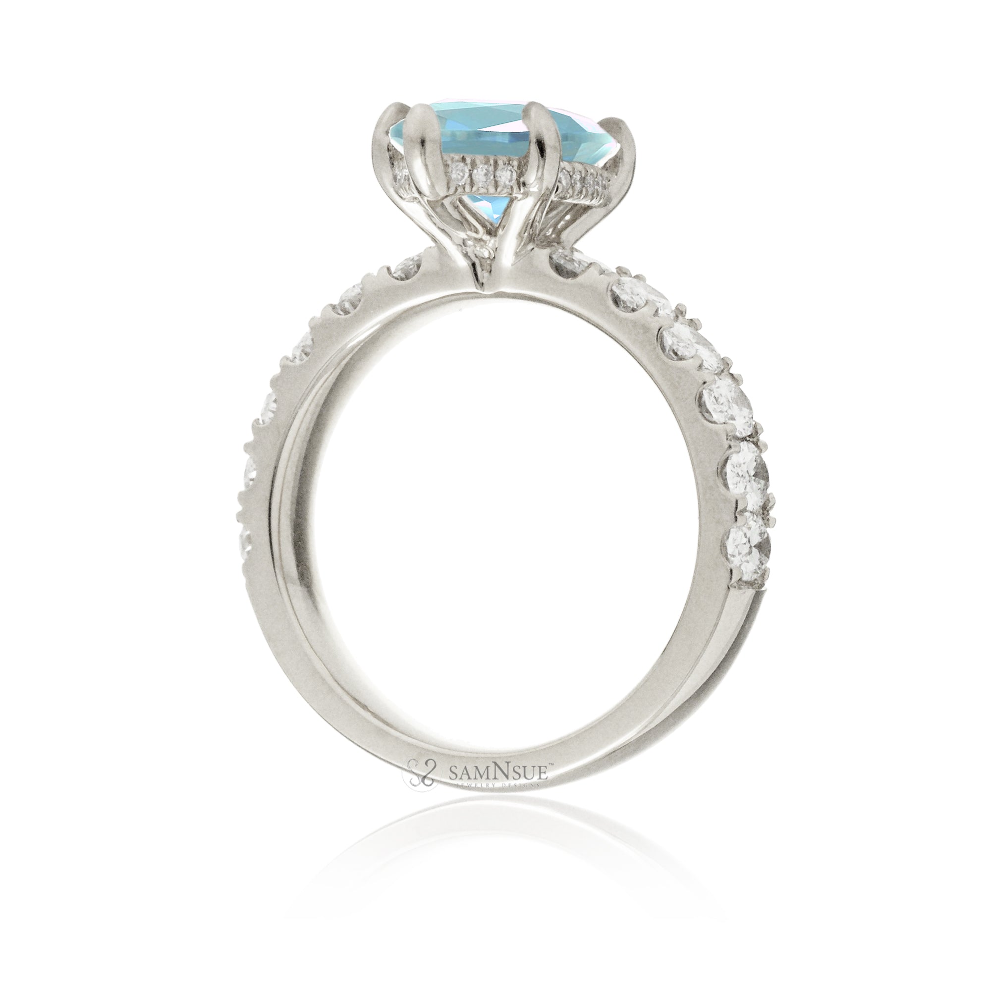 Marquise cut aquamarine large oval diamond band with hidden halo six prongs white gold