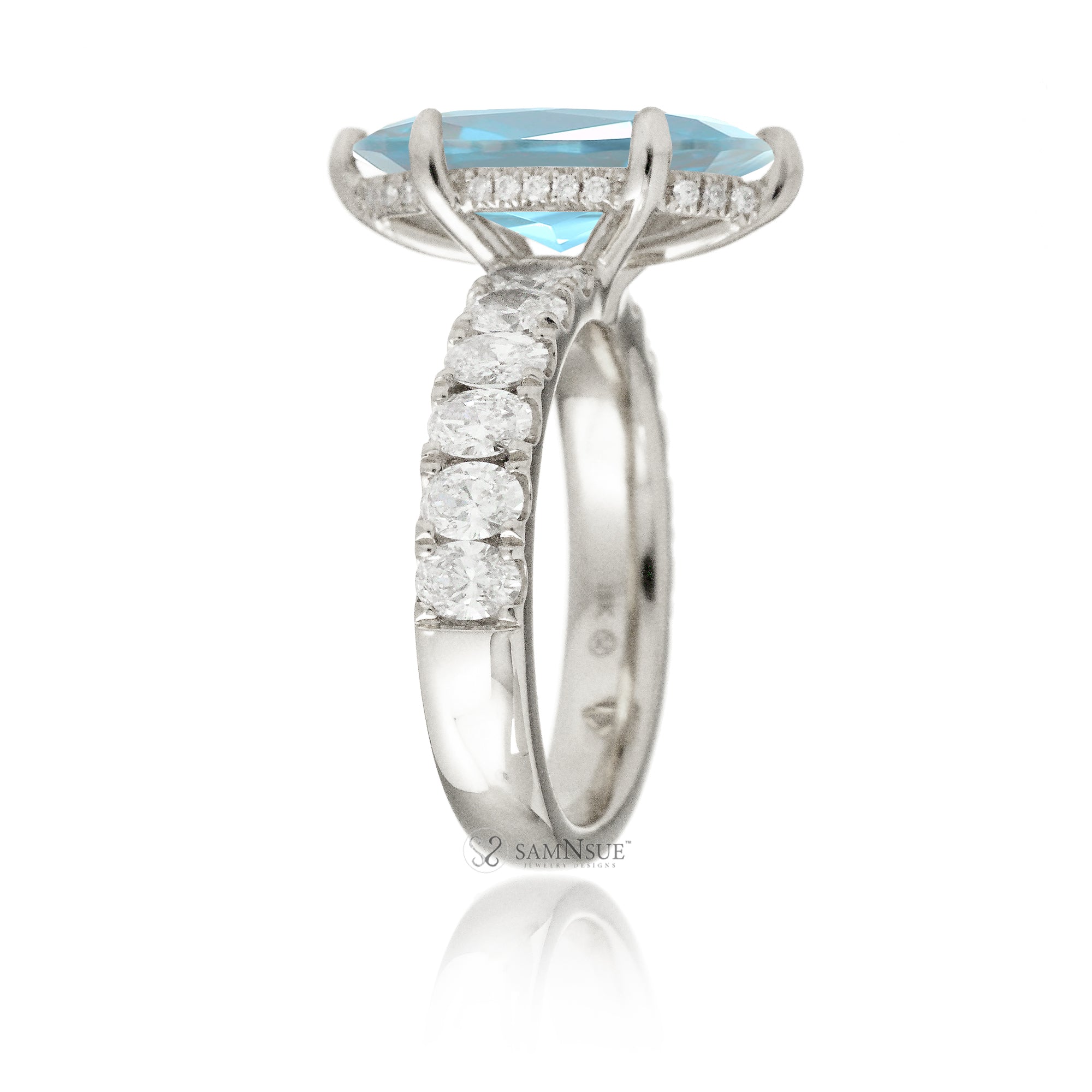 Marquise cut aquamarine large oval diamond band with hidden halo six prongs white gold