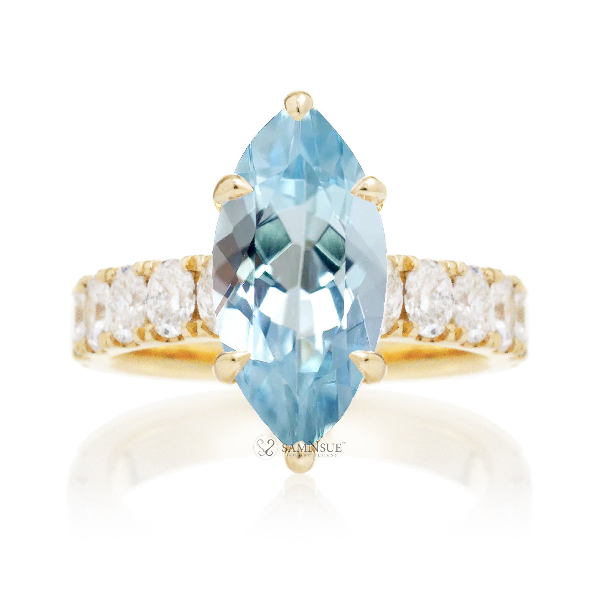 Marquise cut aquamarine large oval diamond band with hidden halo six prongs yellow gold