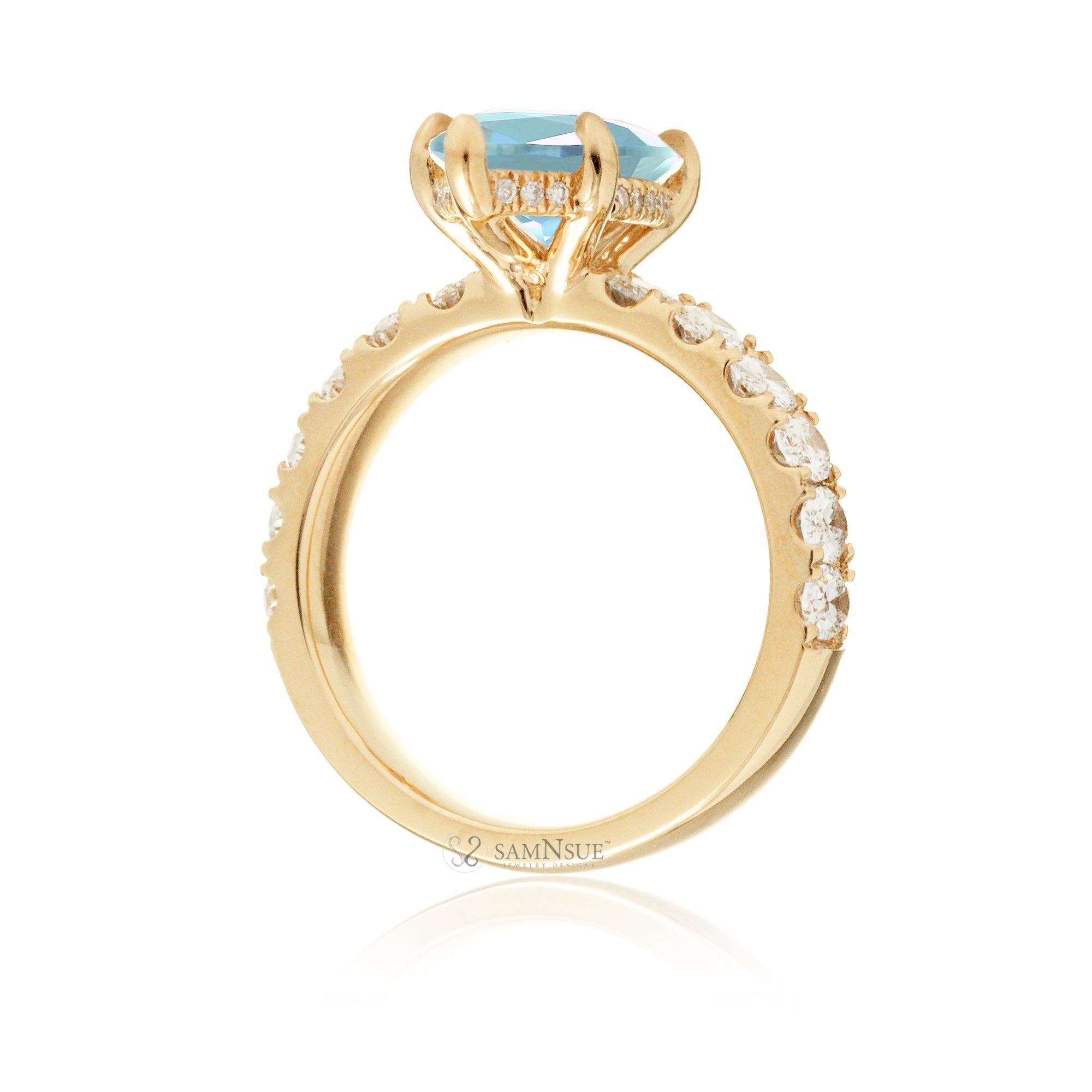 Marquise cut aquamarine large oval diamond band with hidden halo six prongs yellow gold