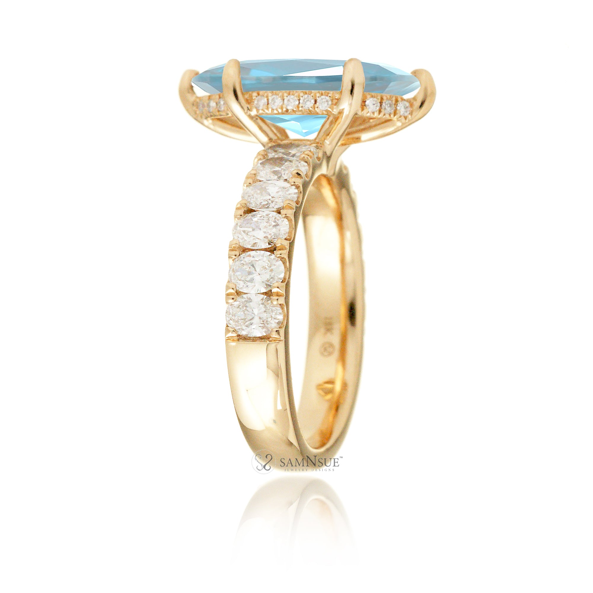 Marquise cut aquamarine large oval diamond band with hidden halo six prongs yellow gold