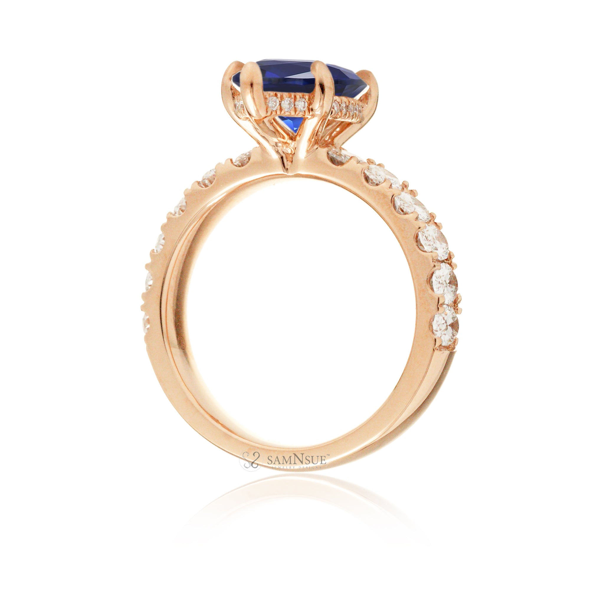 Marquise cut blue sapphire large oval diamond band with hidden halo six prongs rose gold