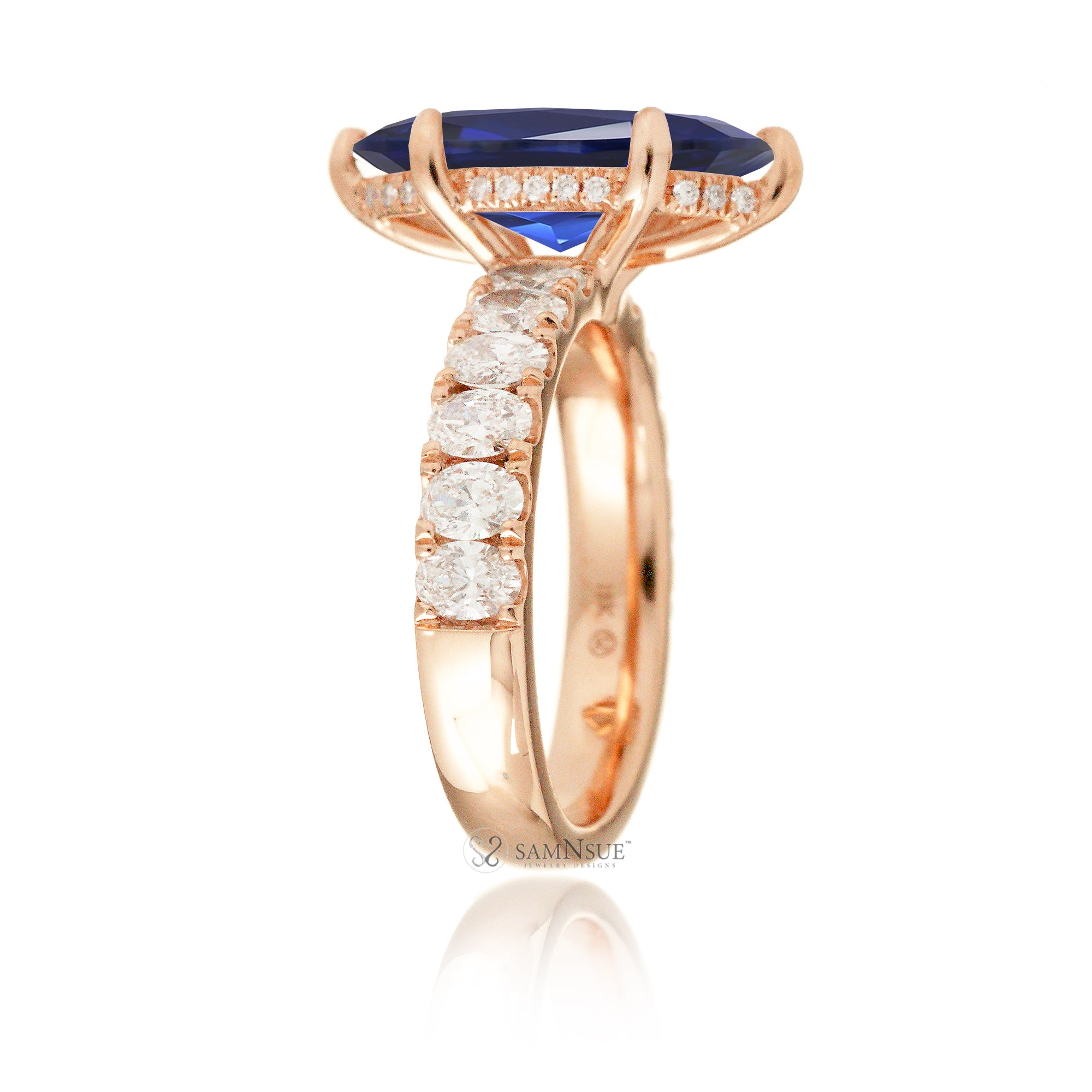 Marquise cut blue sapphire large oval diamond band with hidden halo six prongs rose gold