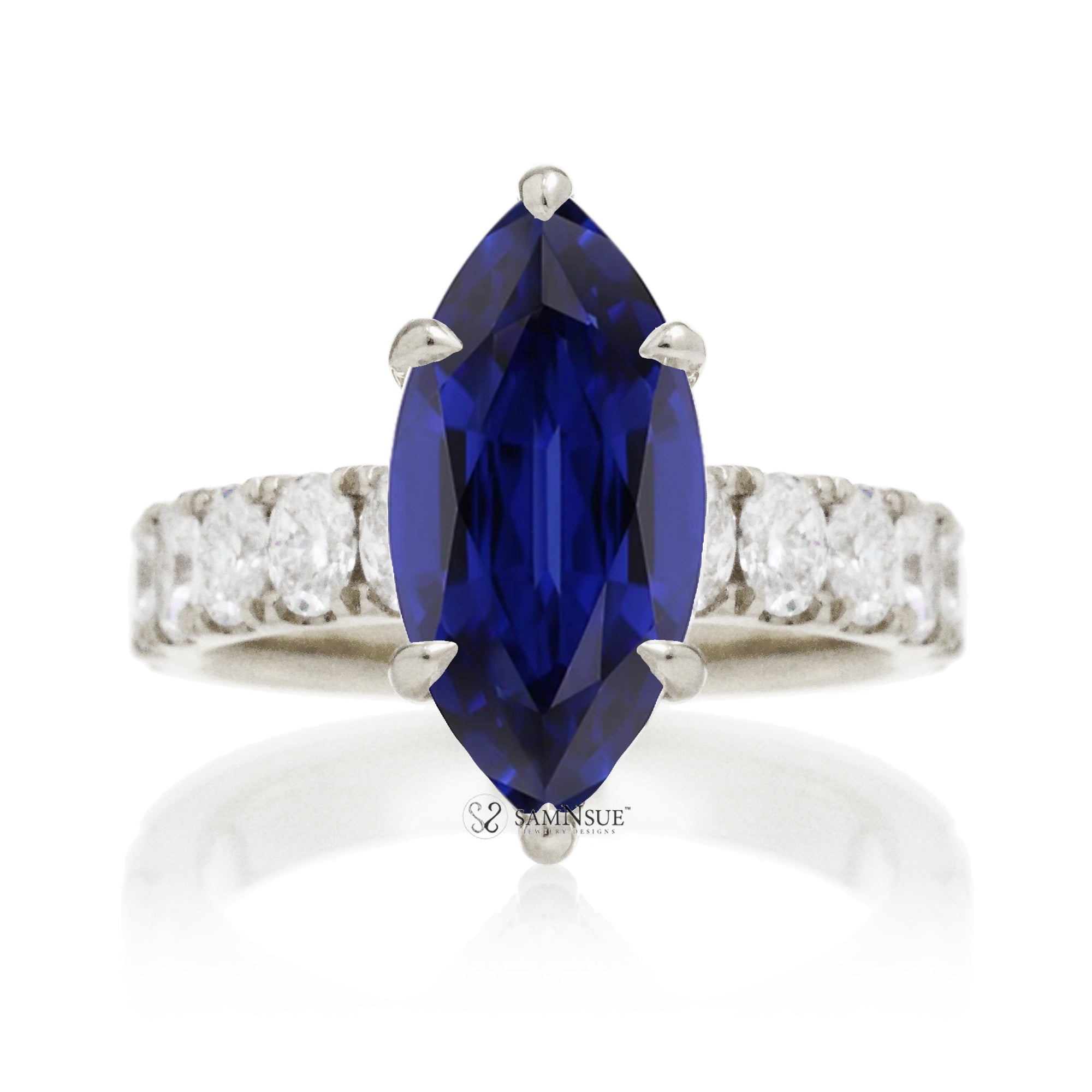 Marquise cut blue sapphire large oval diamond band with hidden halo six prongs white gold