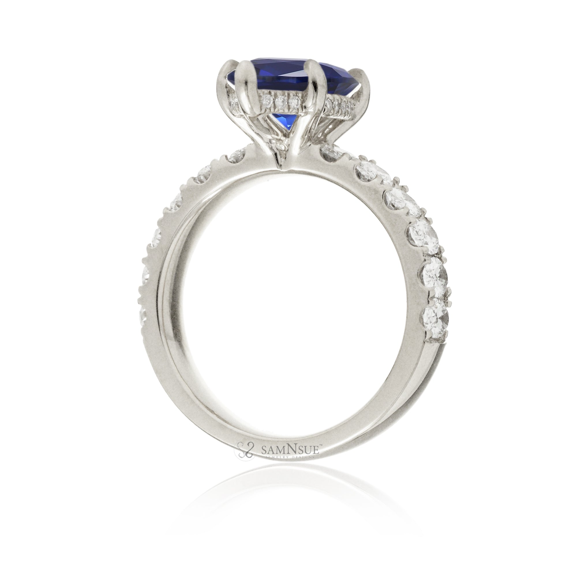 Marquise cut blue sapphire large oval diamond band with hidden halo six prongs white gold