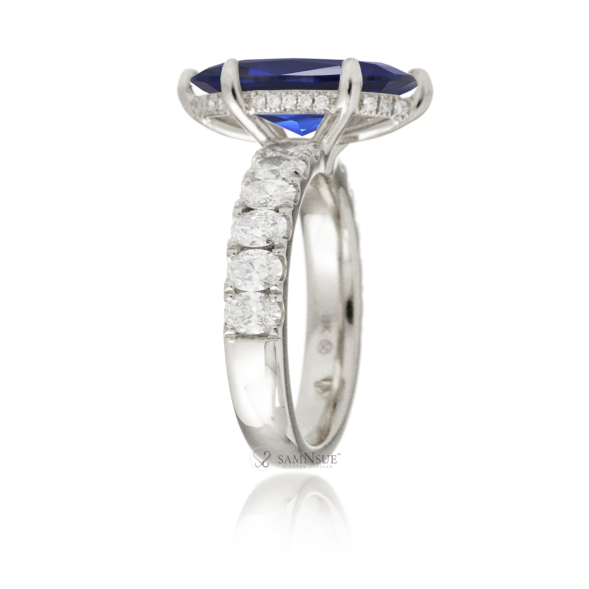 Marquise cut blue sapphire large oval diamond band with hidden halo six prongs white gold