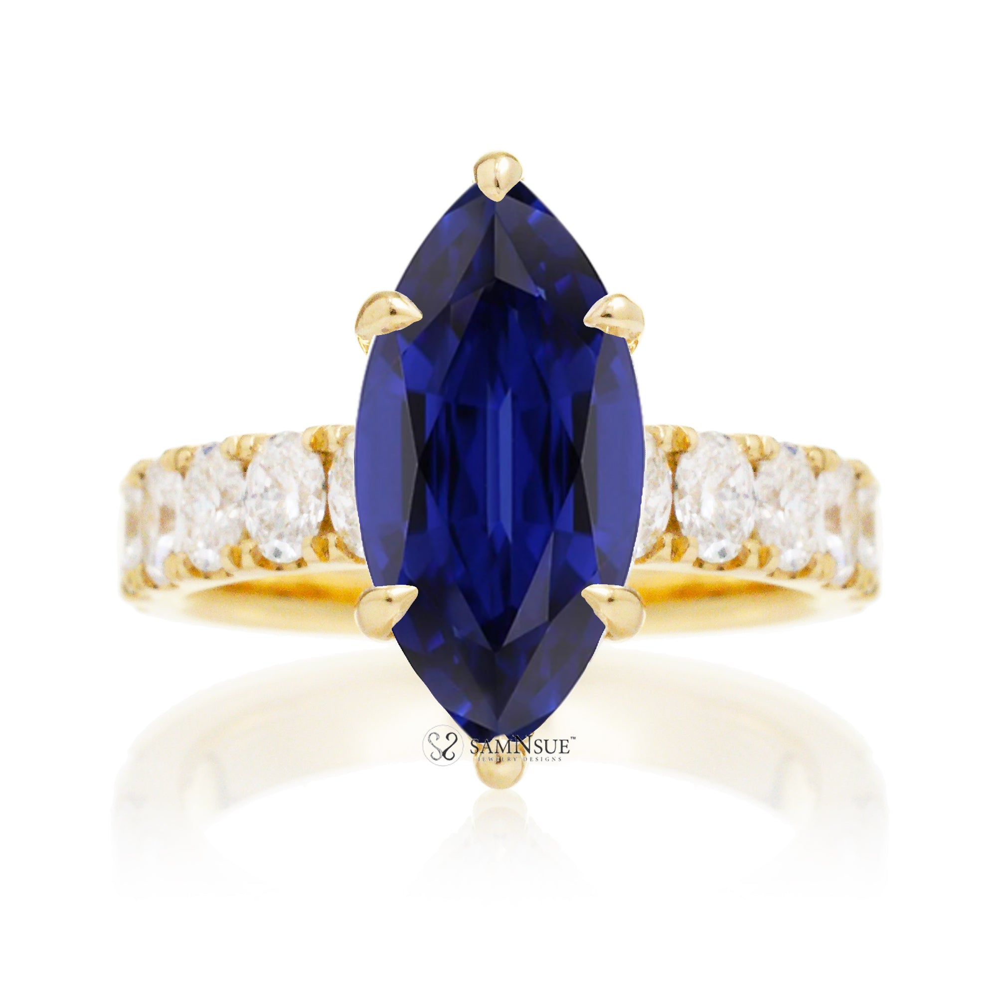 Marquise cut blue sapphire large oval diamond band with hidden halo six prongs yellow gold