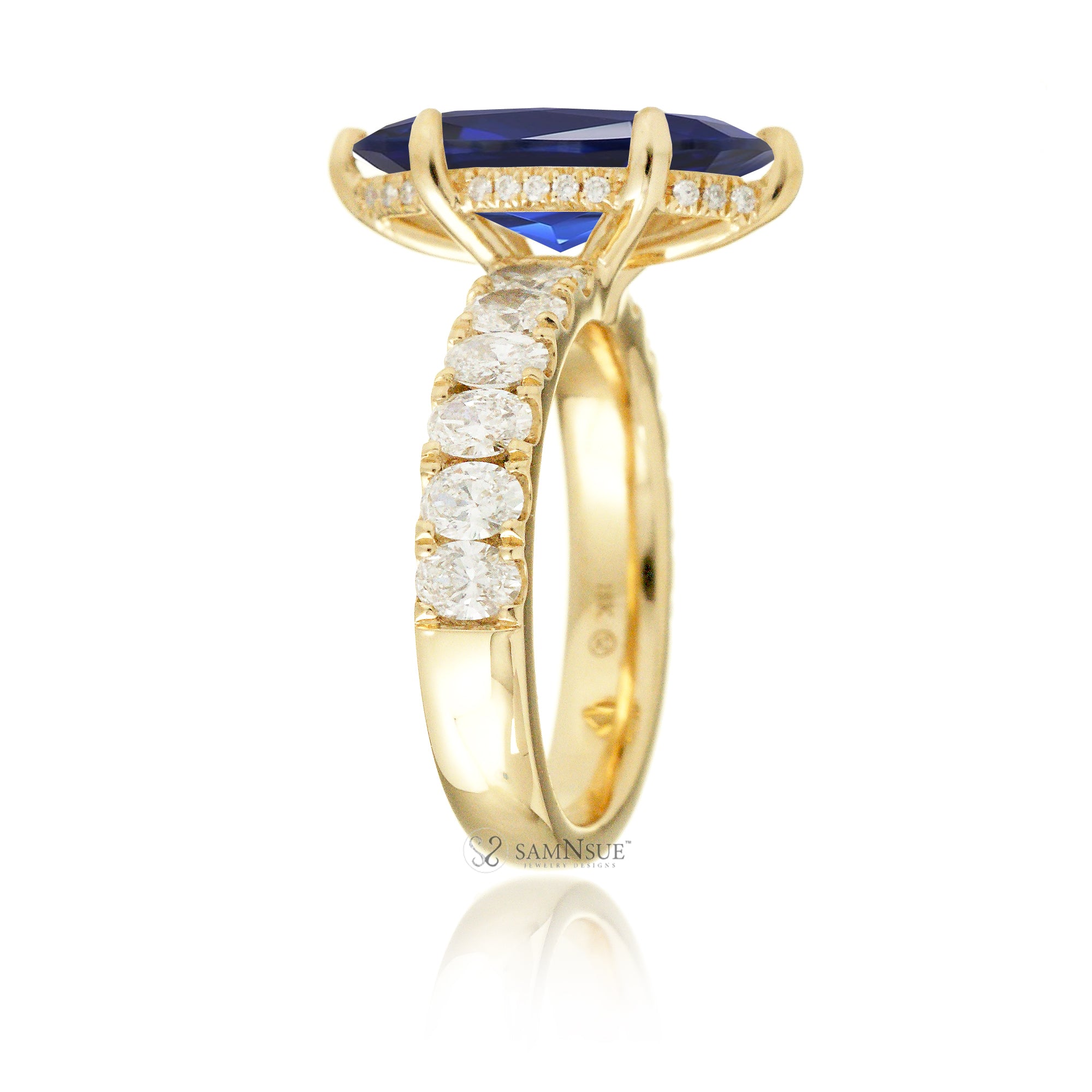 Marquise cut blue sapphire large oval diamond band with hidden halo six prongs yellow gold