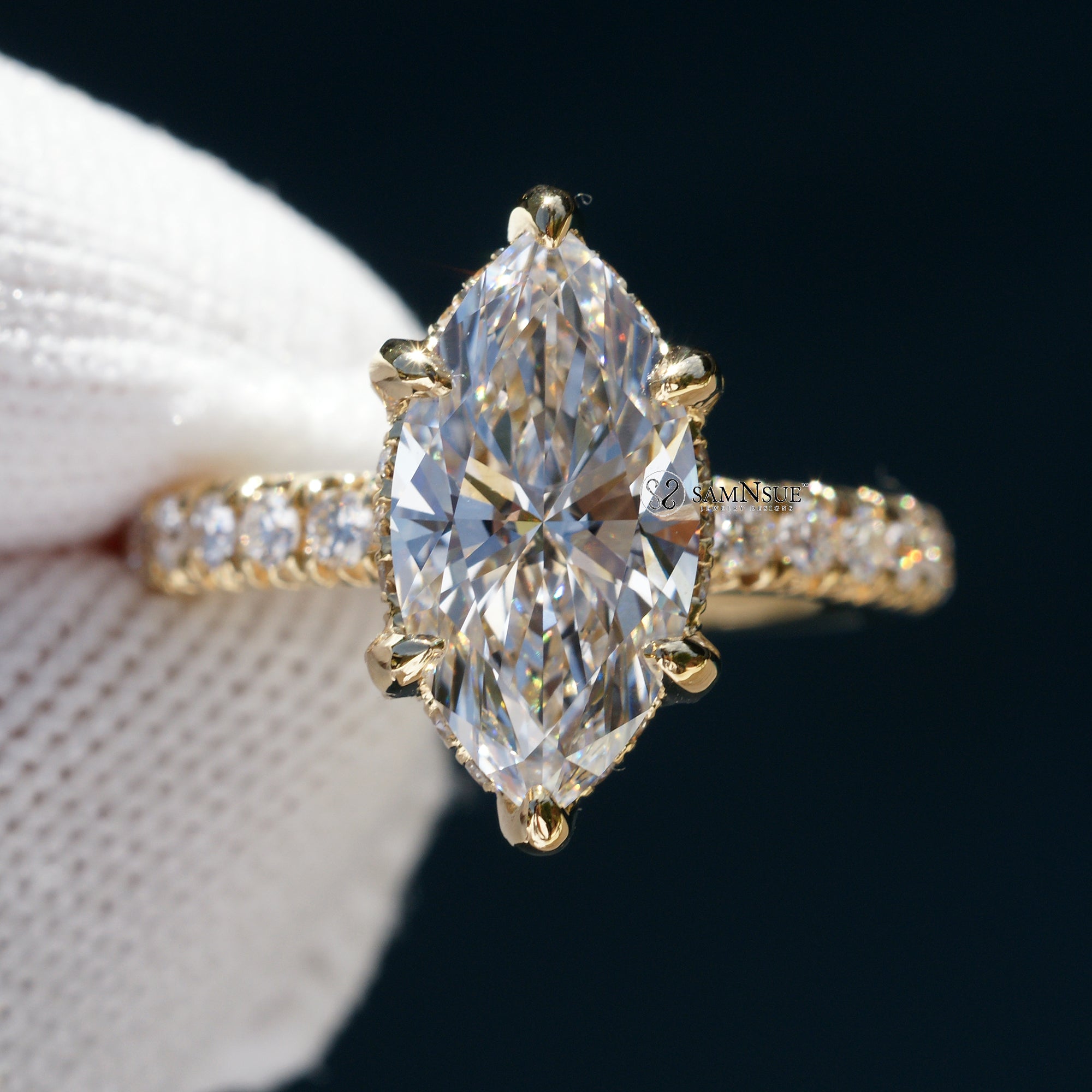 Marquise cut diamond solitaire engagement ring hidden halo the drenched yellow gold