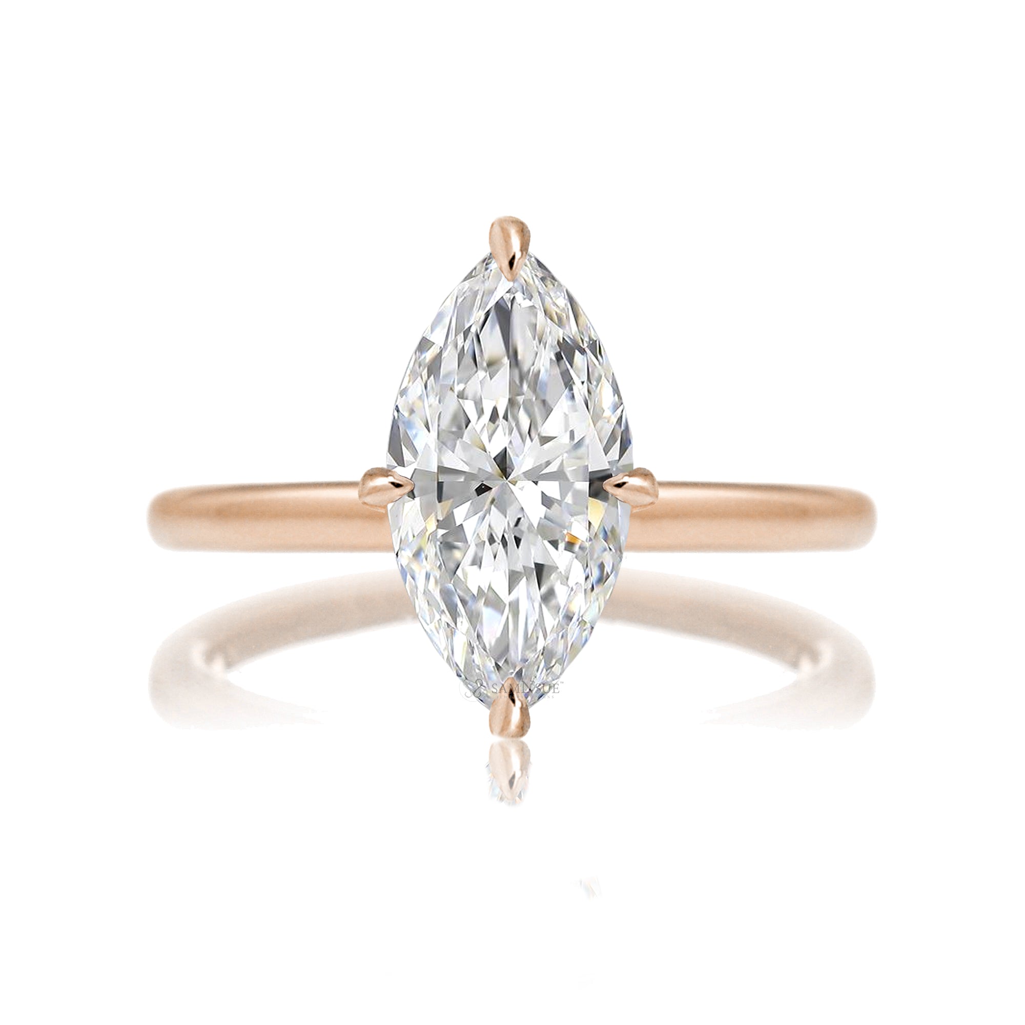 Marquise cut solitaire diamond engagement ring with a hidden halo and solid polished band in rose gold