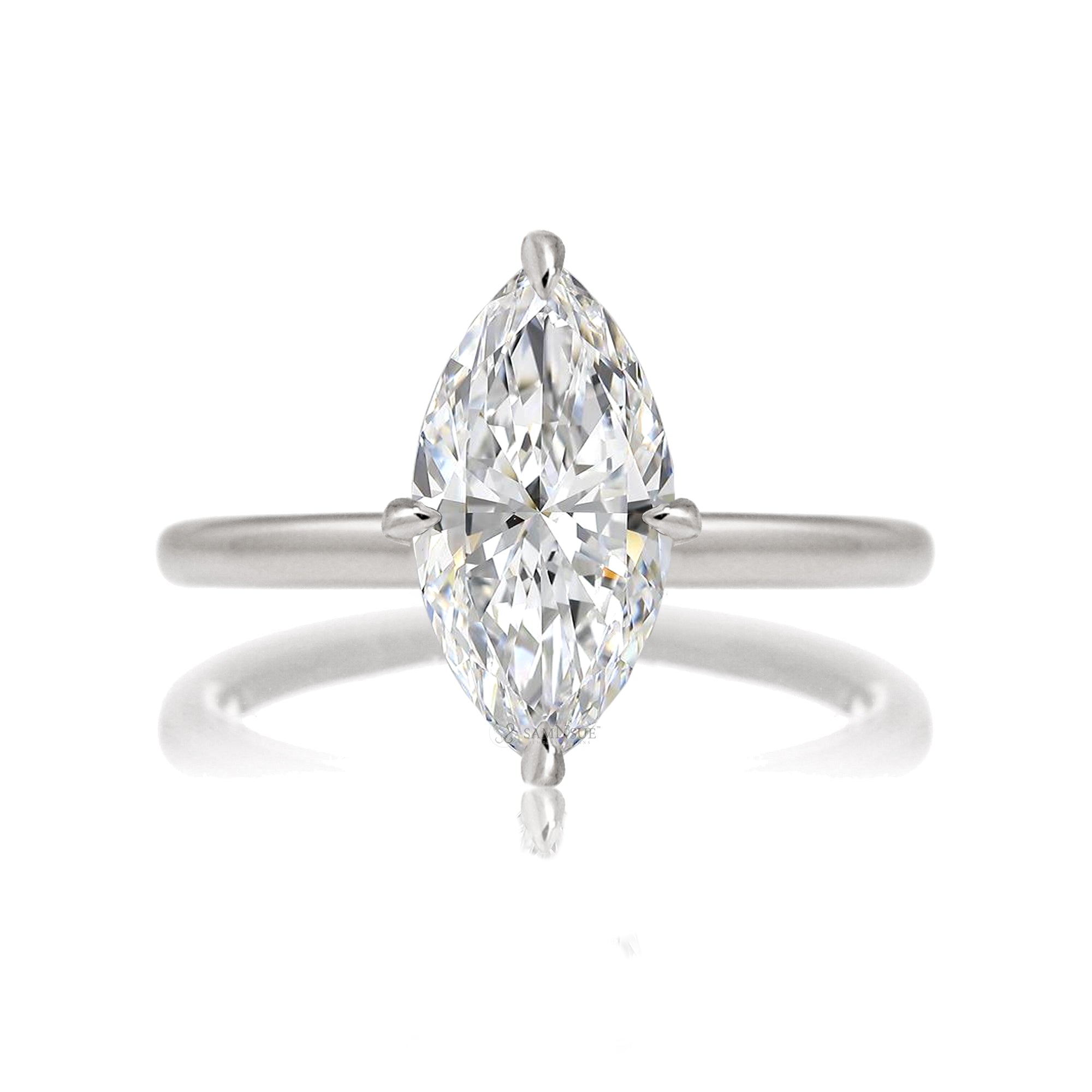 Marquise cut solitaire diamond engagement ring with a hidden halo and solid polished band in white gold
