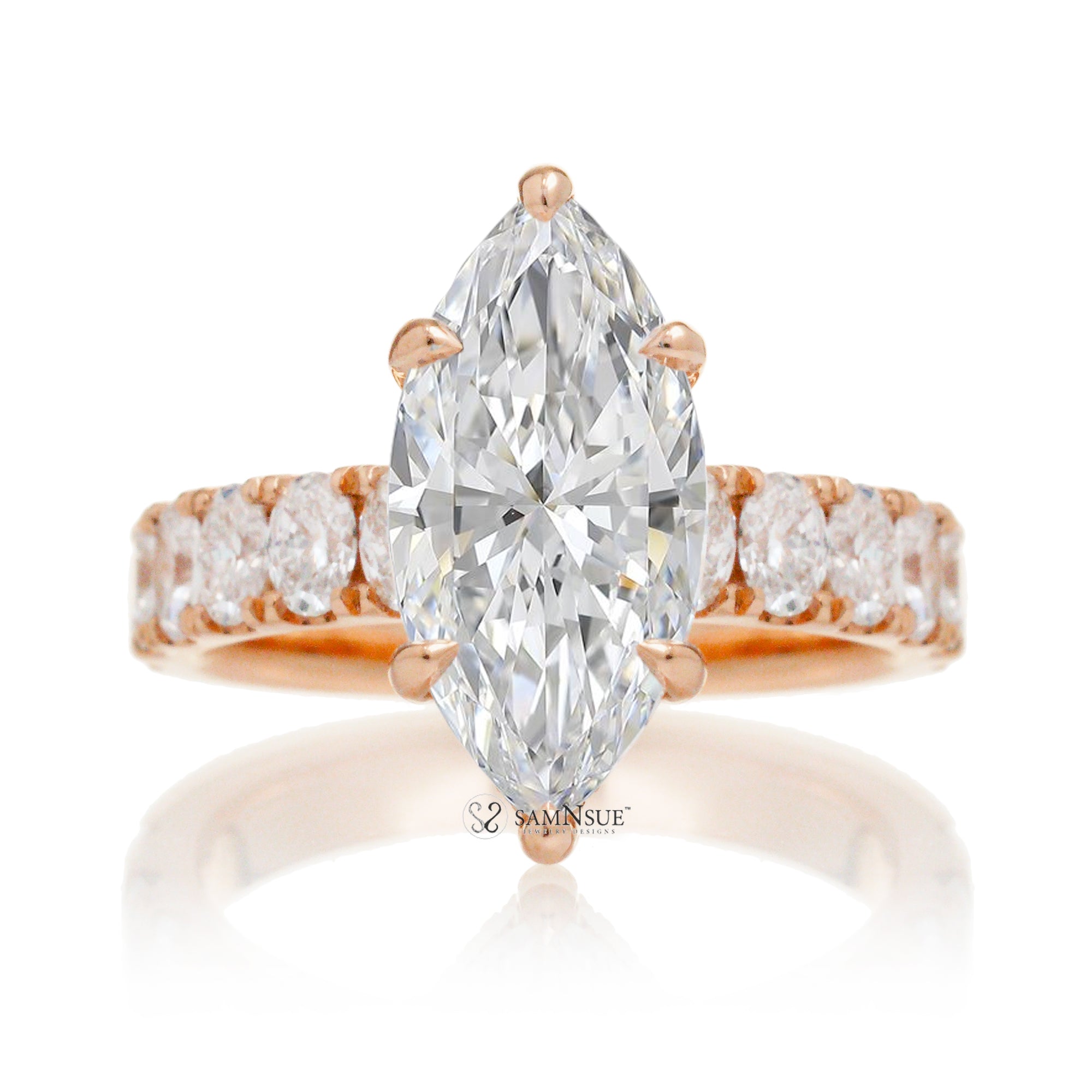 Large marquise cut diamond ring with wide oval diamond band and hidden diamond halo rose gold