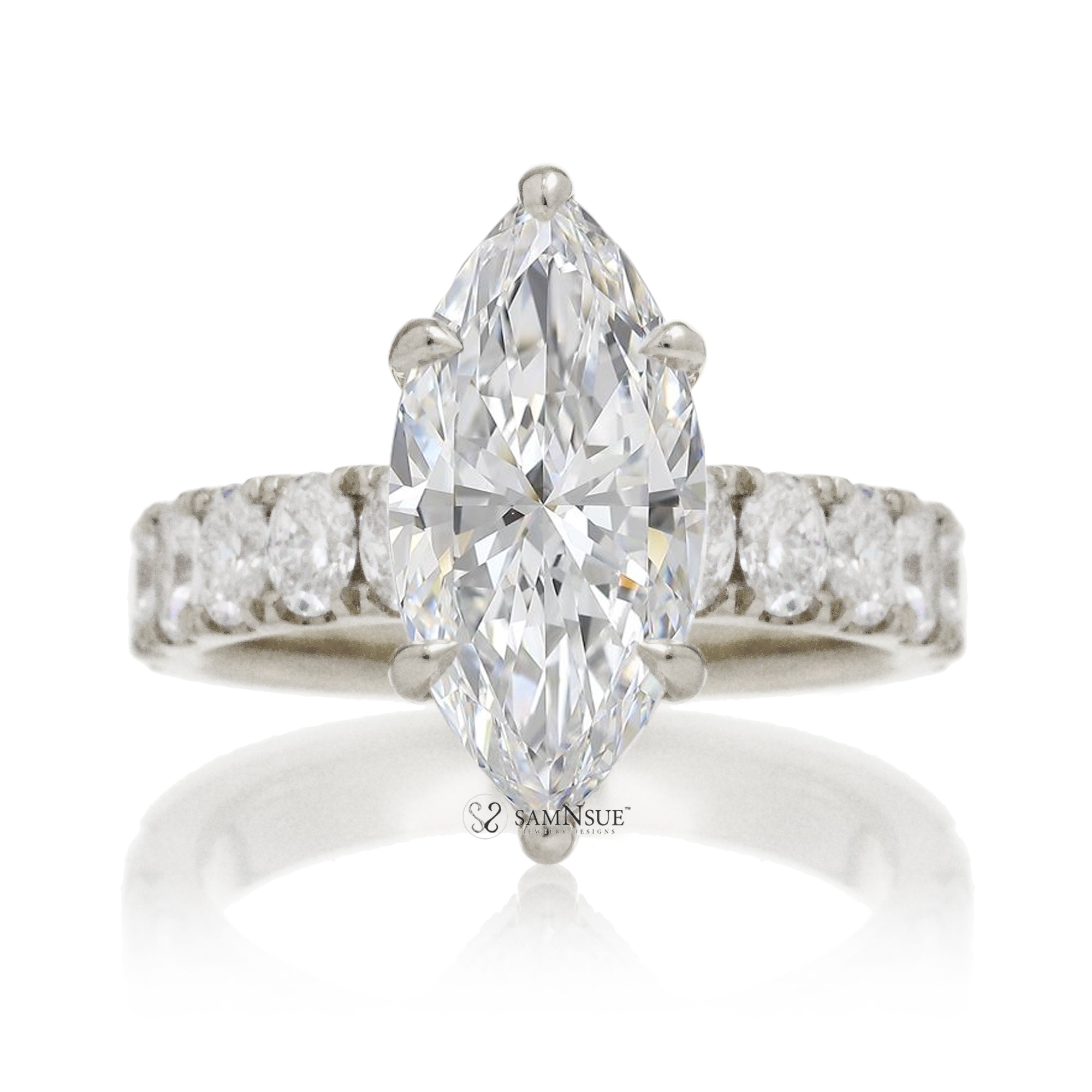 Large marquise cut diamond ring with wide oval diamond band and hidden diamond halo white gold