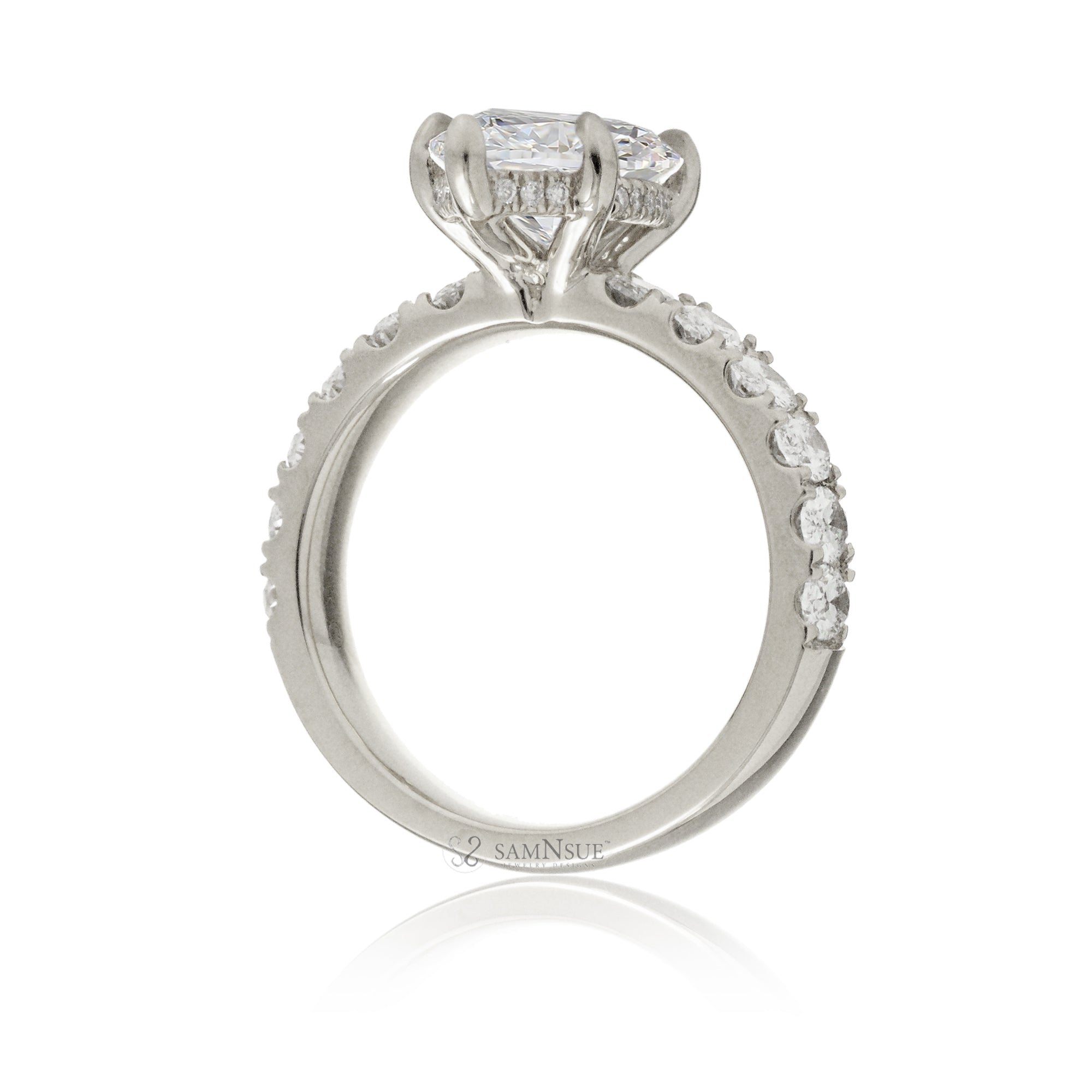Large marquise cut diamond ring with wide oval diamond band and hidden diamond halo white gold