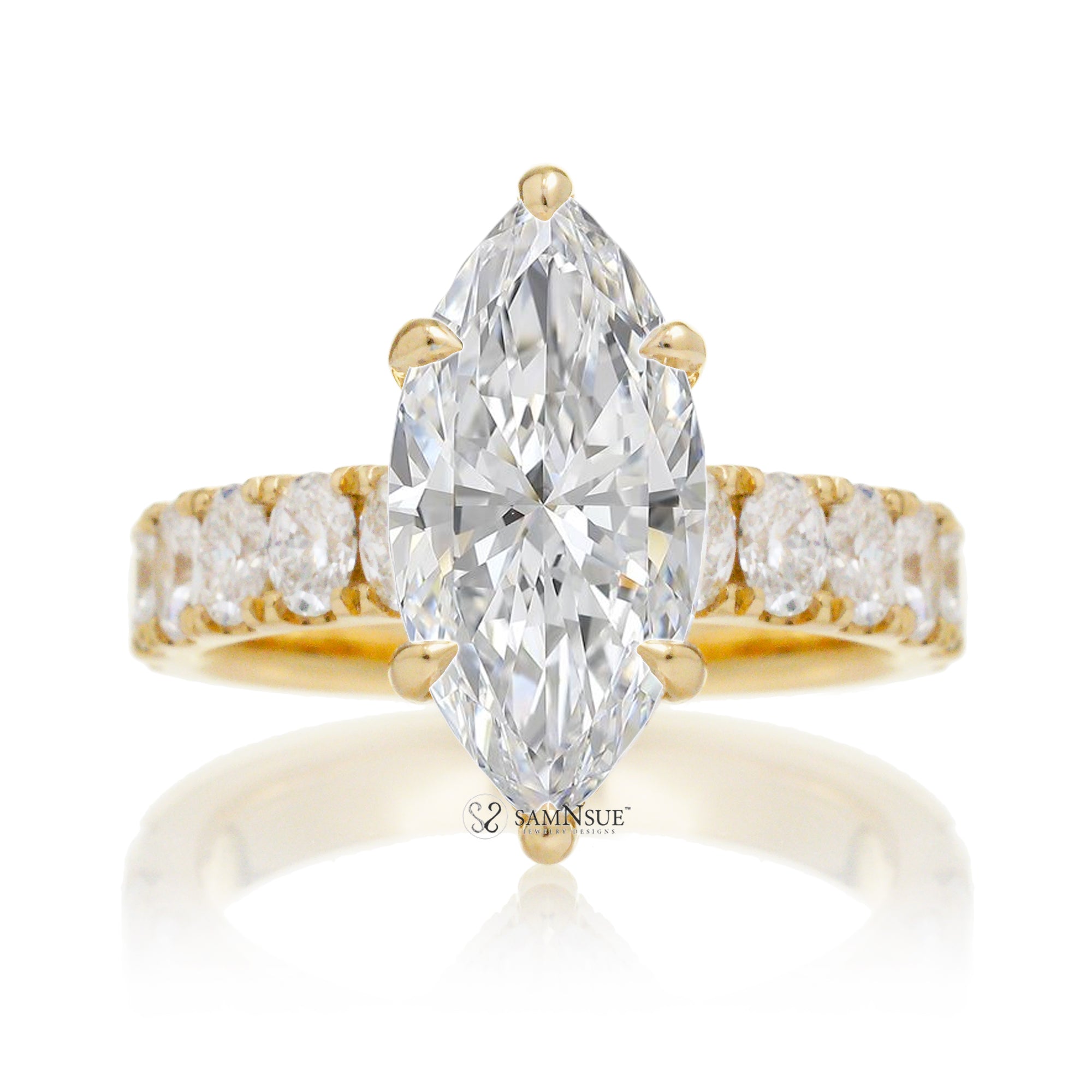 Large marquise cut diamond ring with wide oval diamond band and hidden diamond halo yellow gold