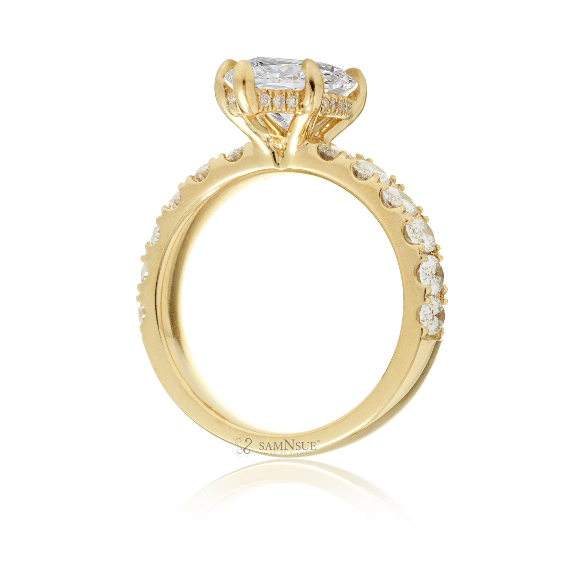 Large marquise cut diamond ring with wide oval diamond band and hidden diamond halo yellow gold