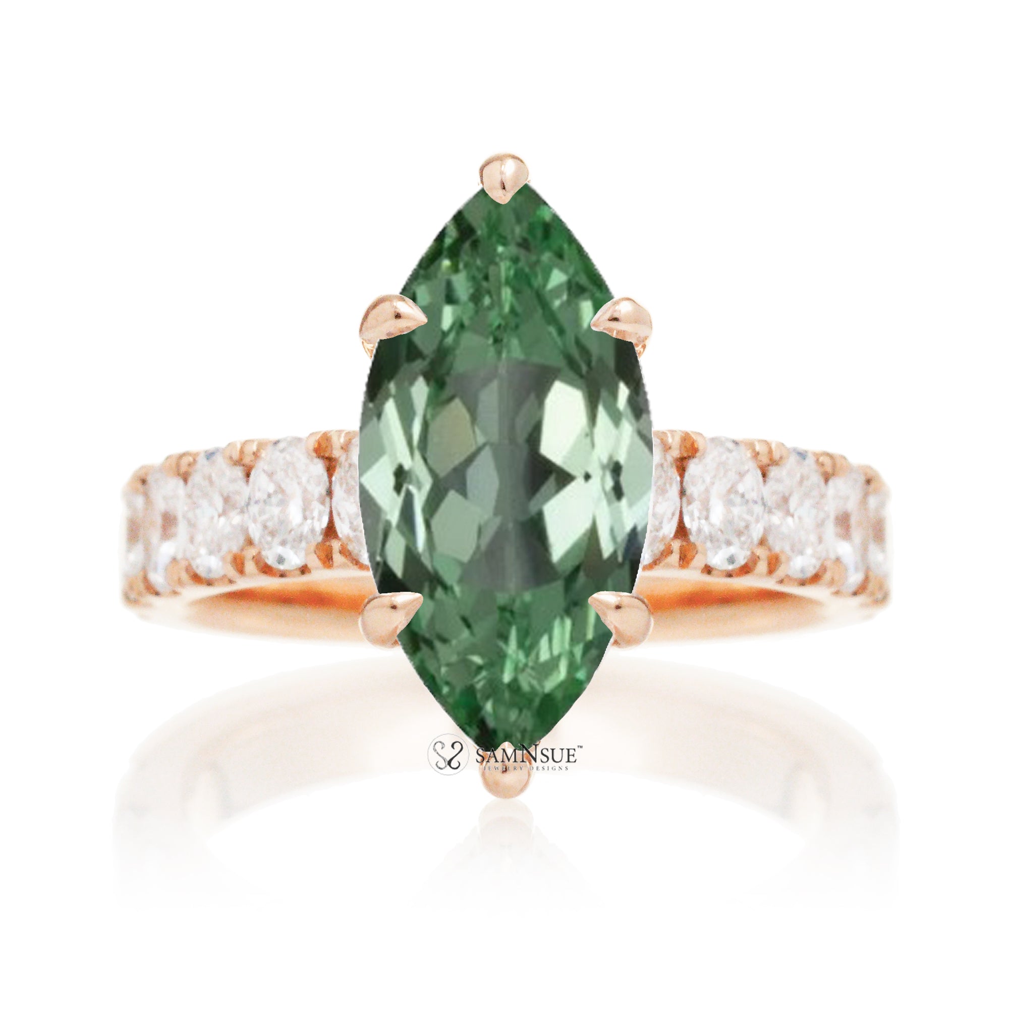 Marquise cut green sapphire large oval diamond band hidden halo rose gold