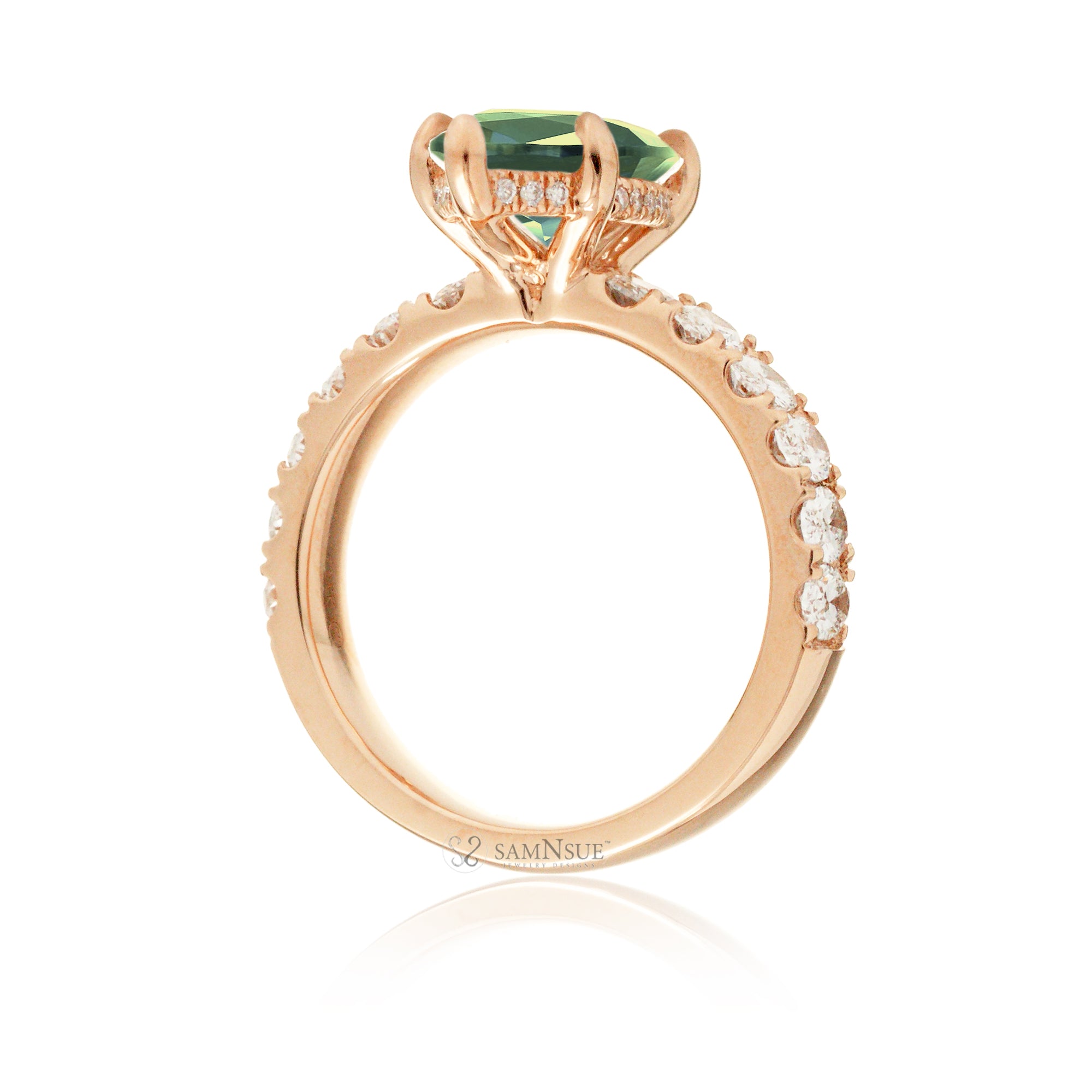 Marquise cut green sapphire large oval diamond band hidden halo rose gold