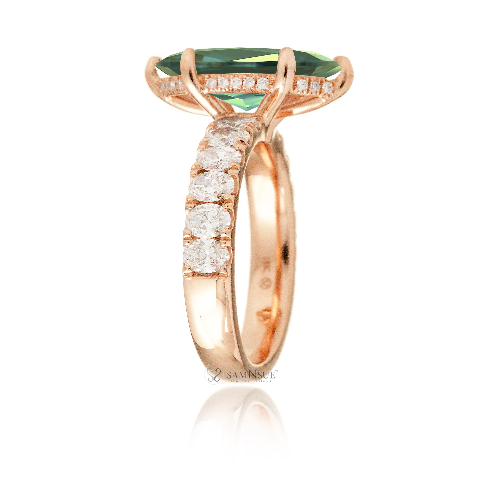 Marquise cut green sapphire large oval diamond band hidden halo rose gold