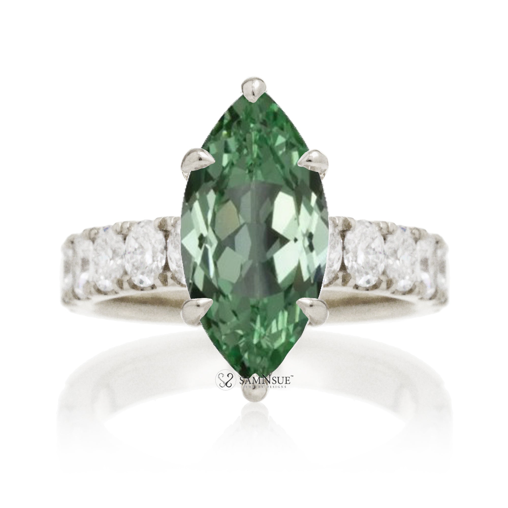 Marquise cut green sapphire large oval diamond band hidden halo white gold