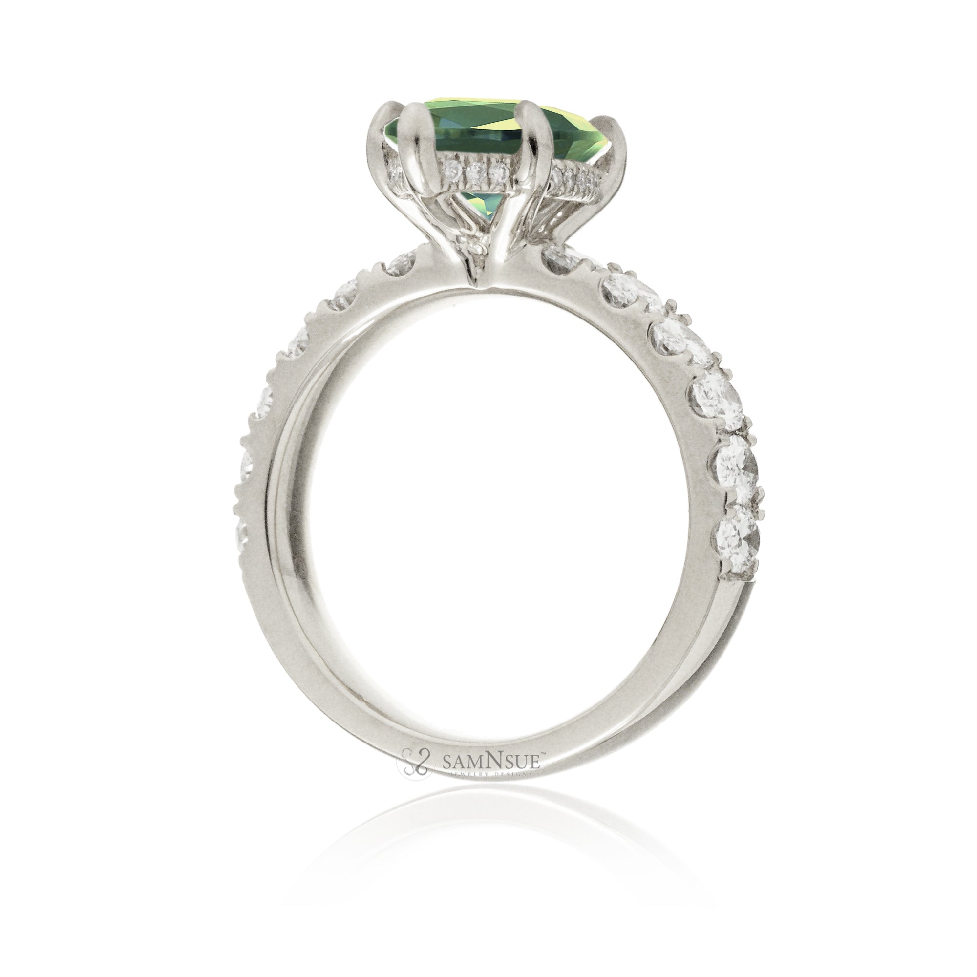Marquise cut green sapphire large oval diamond band hidden halo white gold