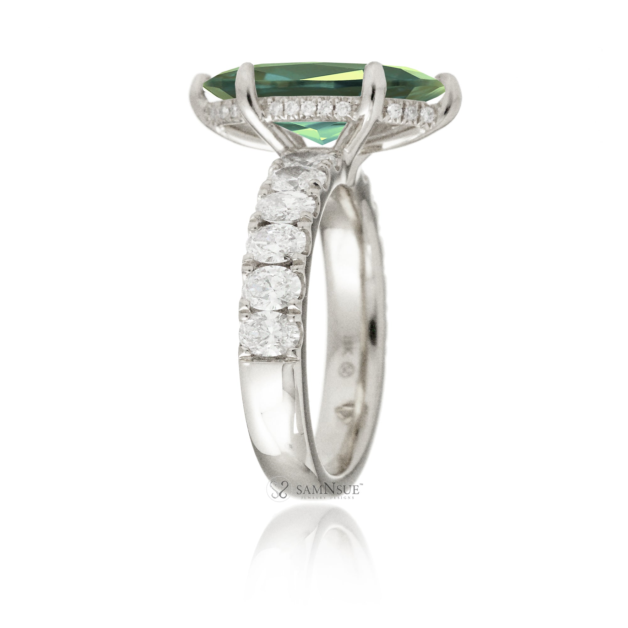 Marquise cut green sapphire large oval diamond band hidden halo white gold