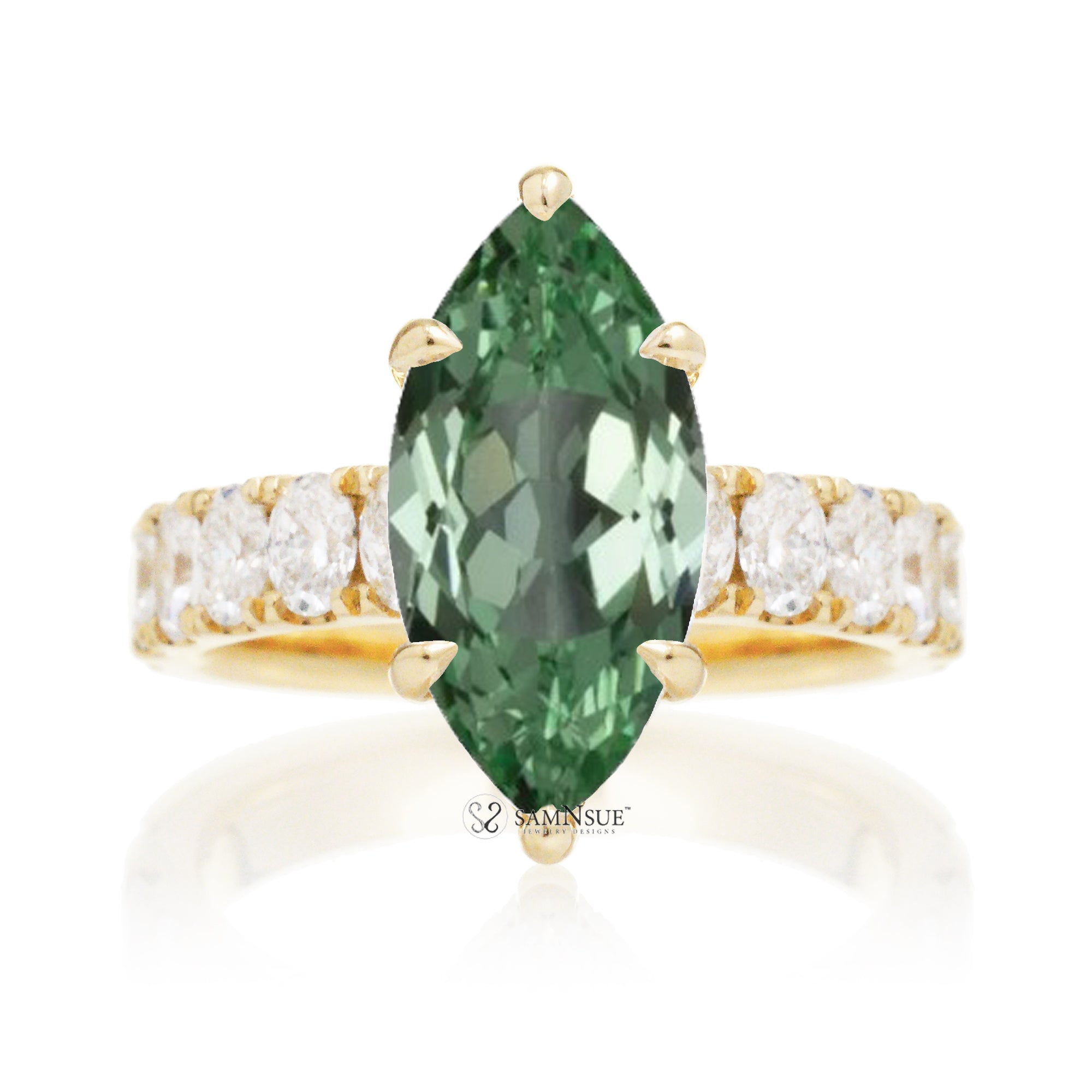 Marquise cut green sapphire large oval diamond band hidden halo yellow gold