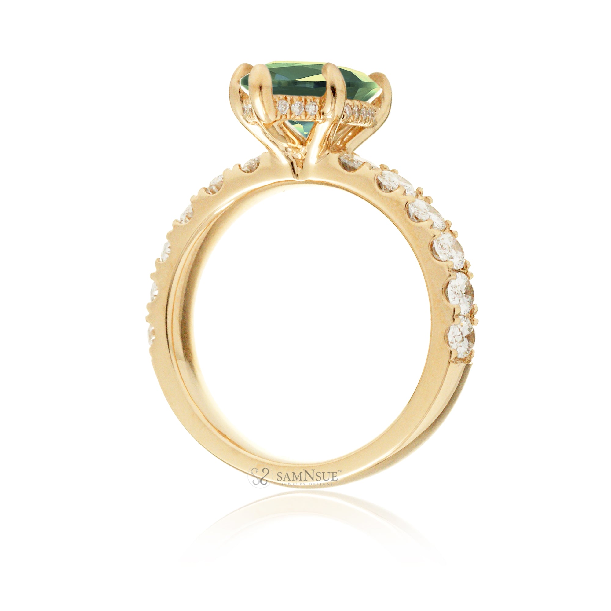 Marquise cut green sapphire large oval diamond band hidden halo yellow gold