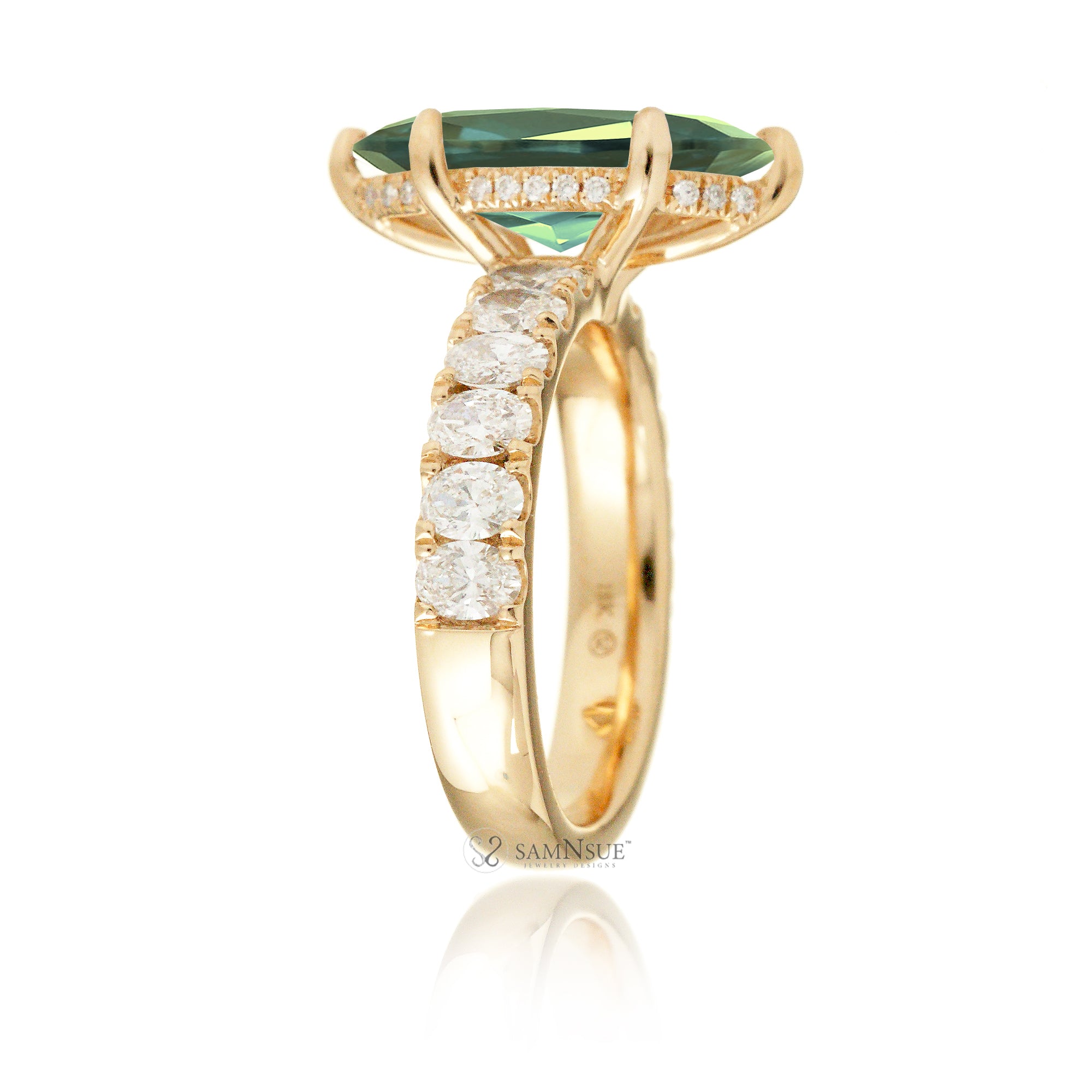 Marquise cut green sapphire large oval diamond band hidden halo yellow gold