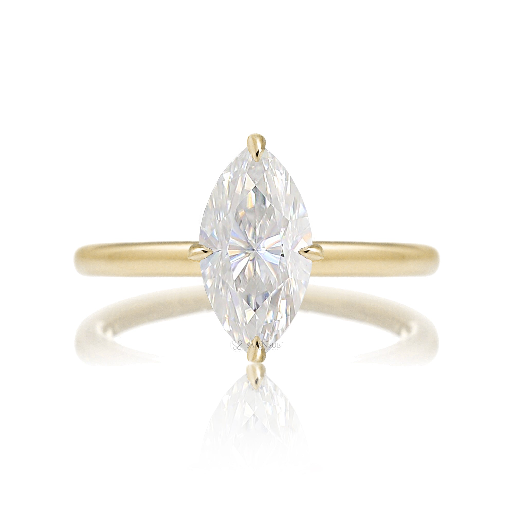 Solitaire marquise cut moissanite ring diamond hidden halo solid band in yellow gold