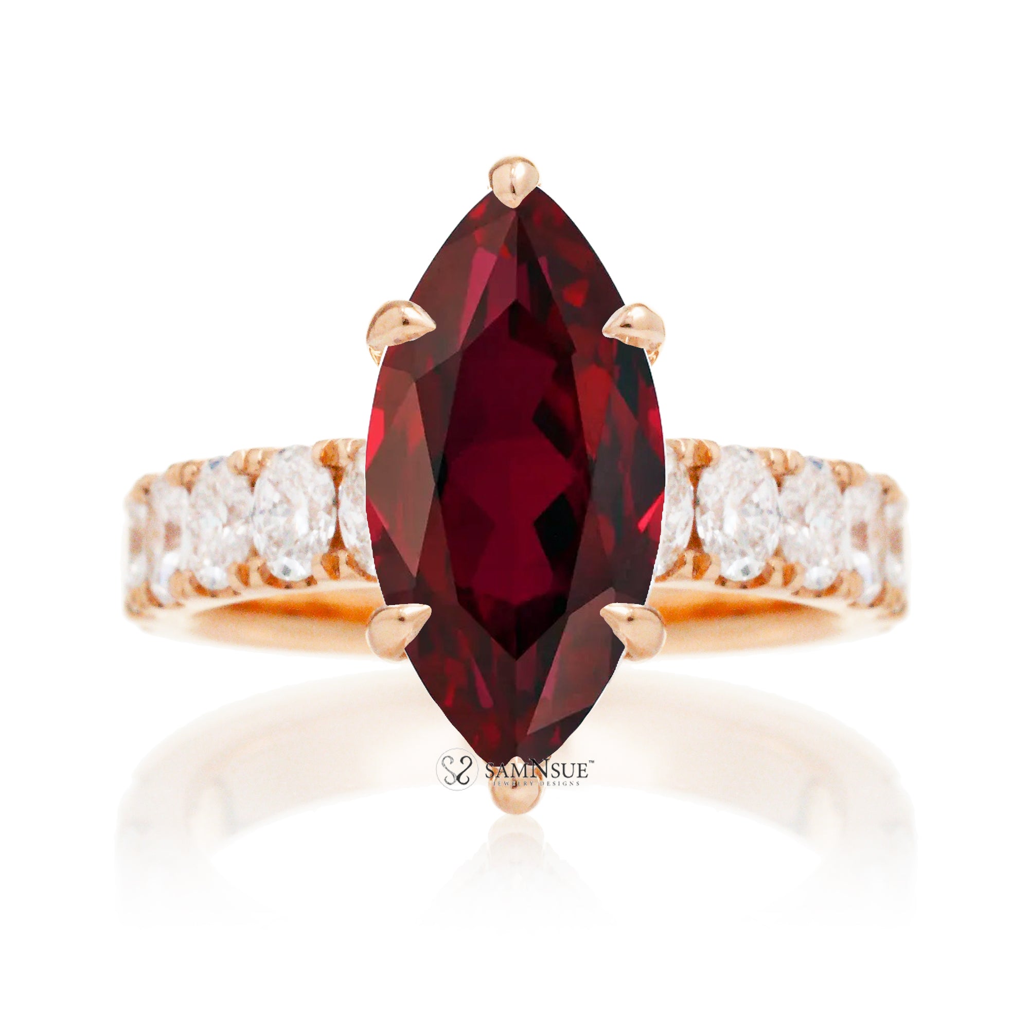 Marquise cut red ruby large oval diamond band with hidden halo six prongs rose gold