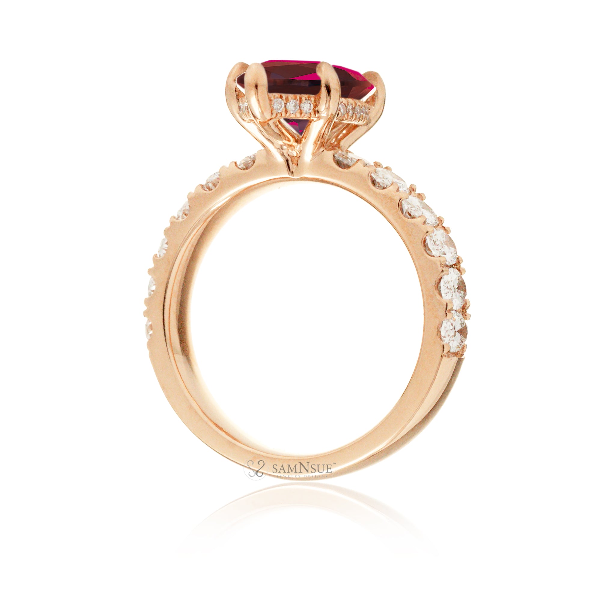 Marquise cut red ruby large oval diamond band with hidden halo six prongs rose gold