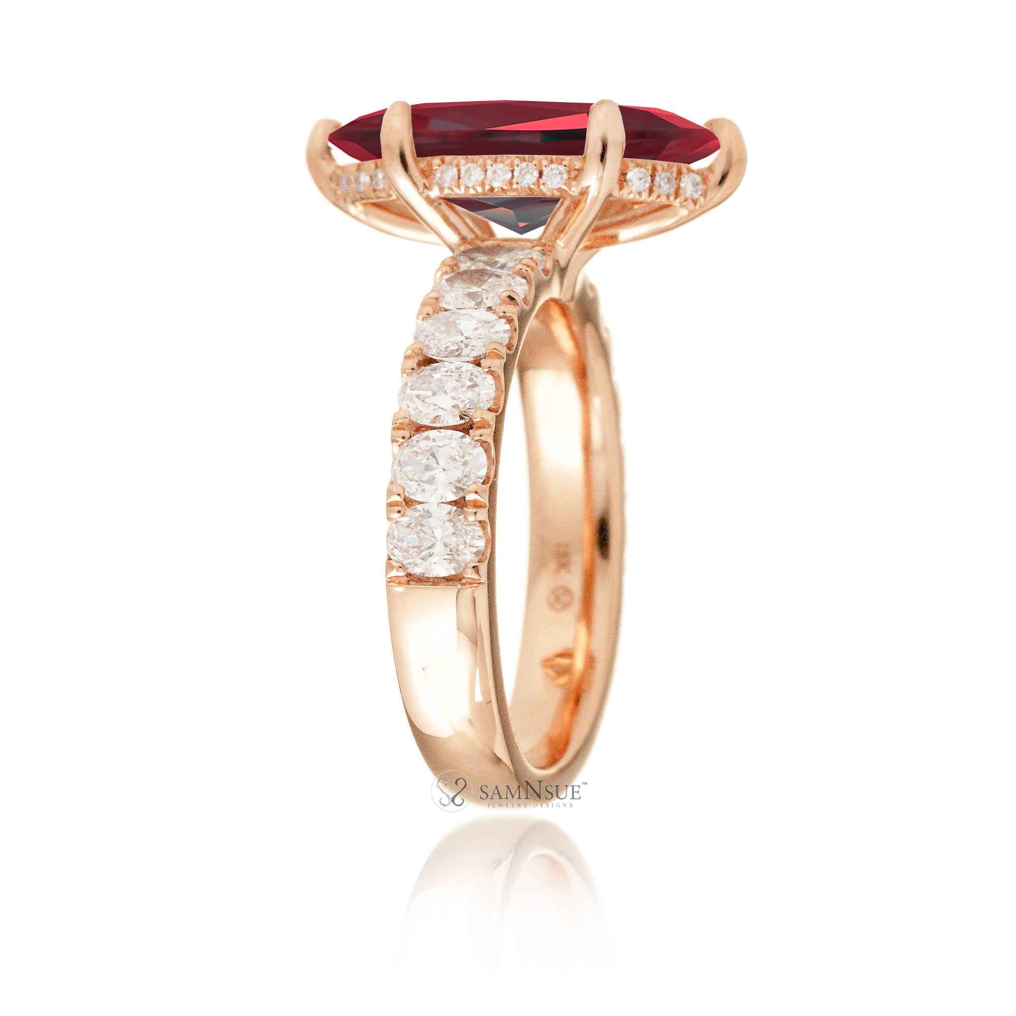 Marquise cut red ruby large oval diamond band with hidden halo six prongs rose gold