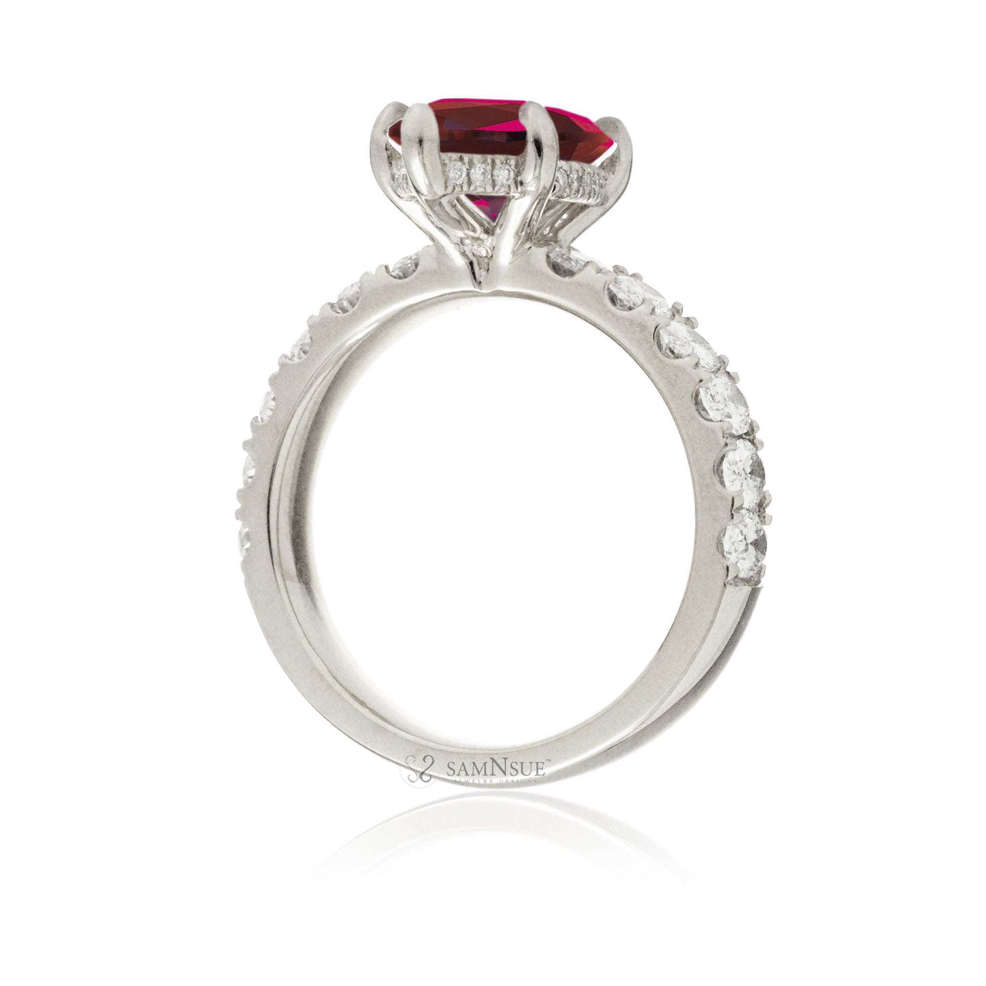 Marquise cut red ruby large oval diamond band with hidden halo six prongs white gold