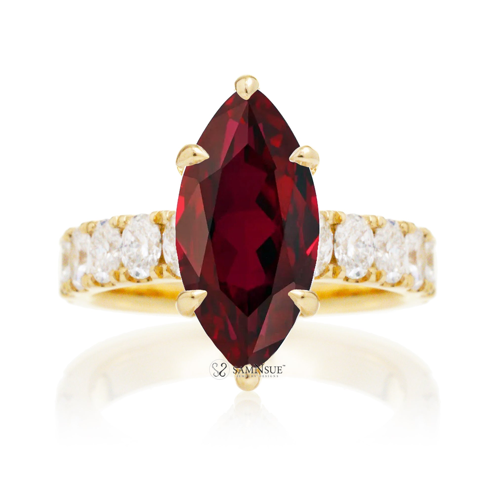 Marquise cut red ruby large oval diamond band with hidden halo six prongs yellow gold