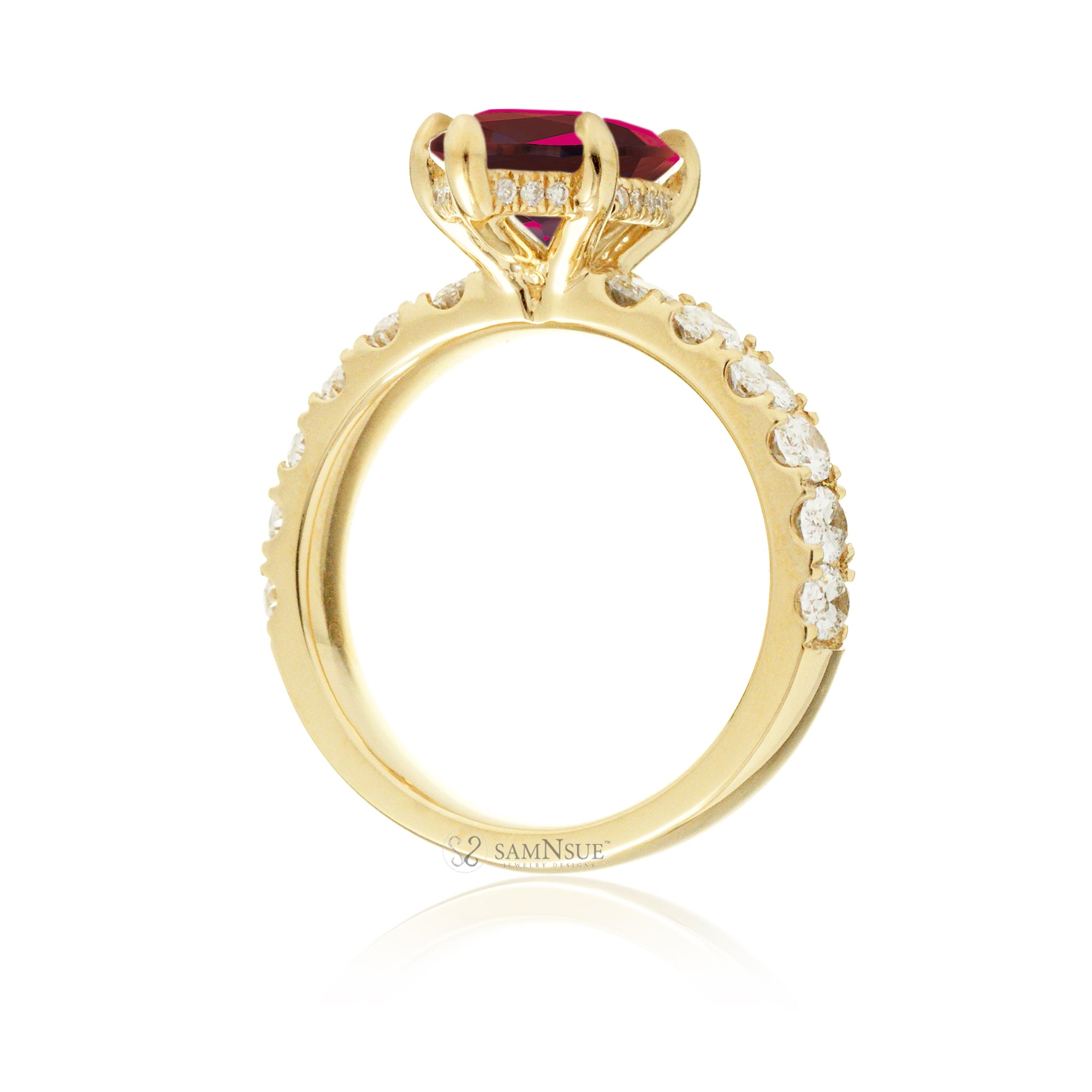 Marquise cut red ruby large oval diamond band with hidden halo six prongs yellow gold