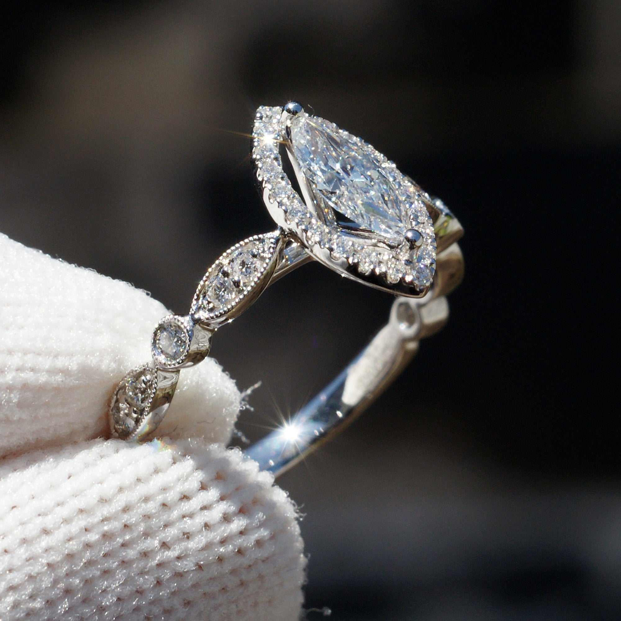 Natural marquise diamond halo solitaire vintage style engagement ring white gold