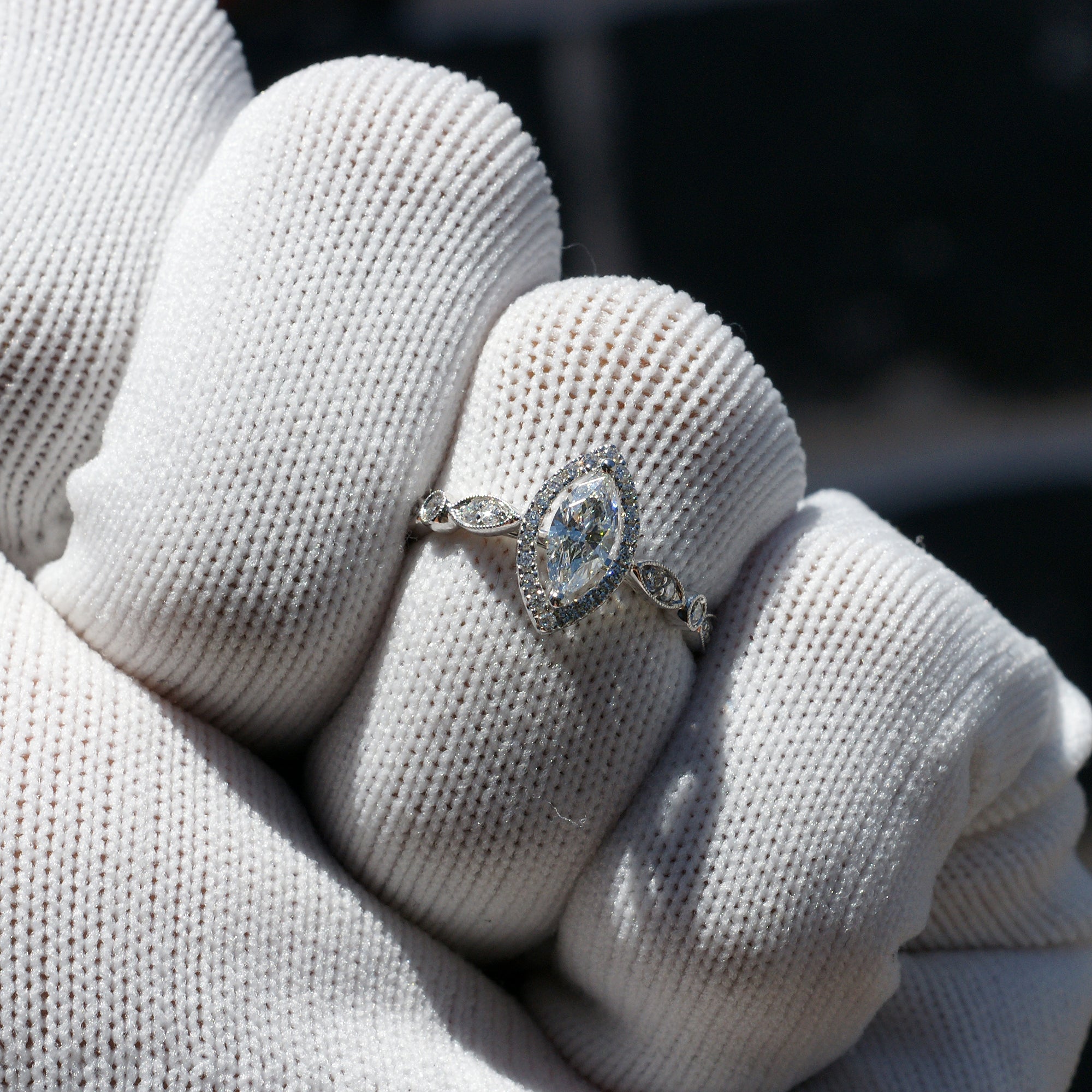 Natural marquise diamond halo solitaire vintage style engagement ring white gold
