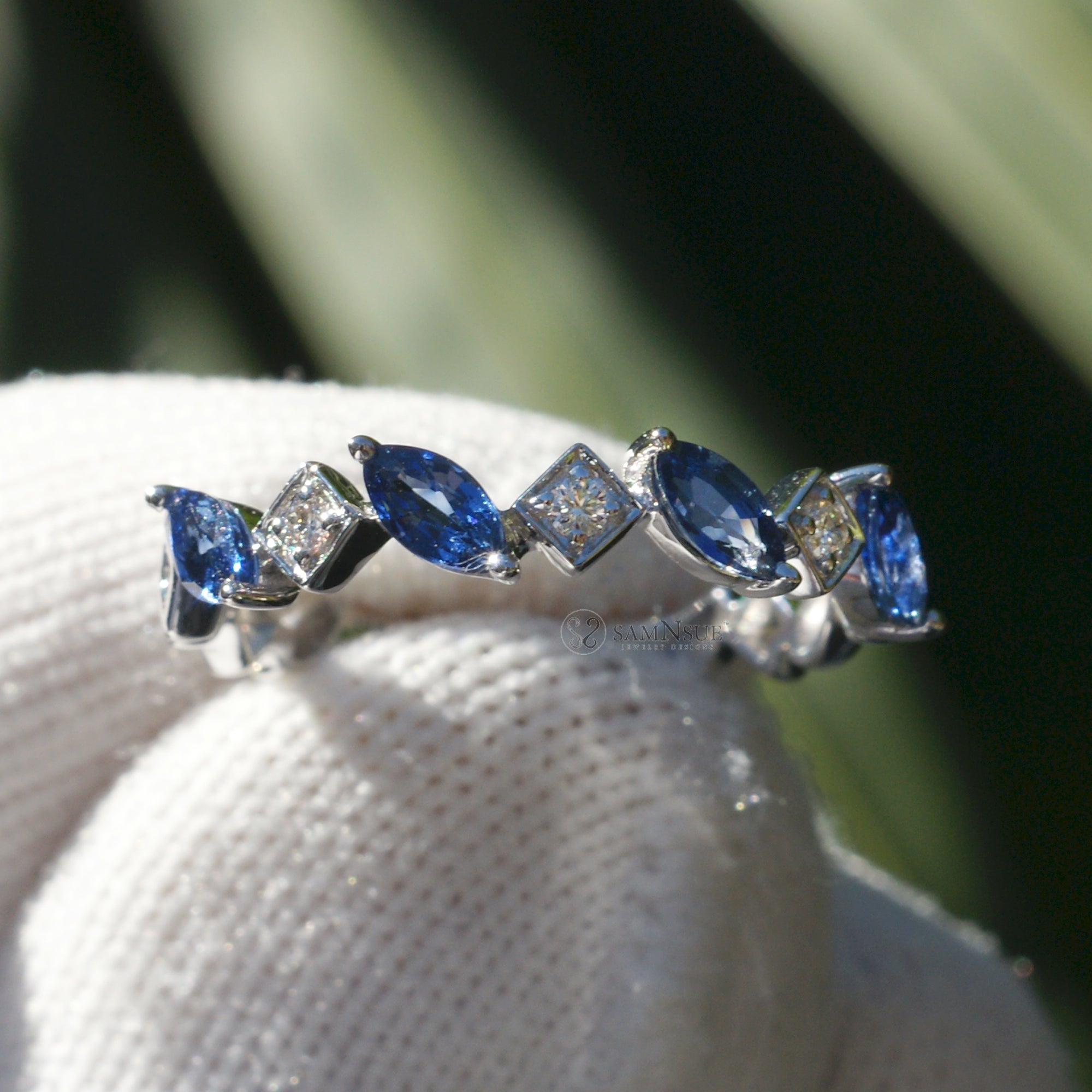 Marquise sapphire and diamond band white gold