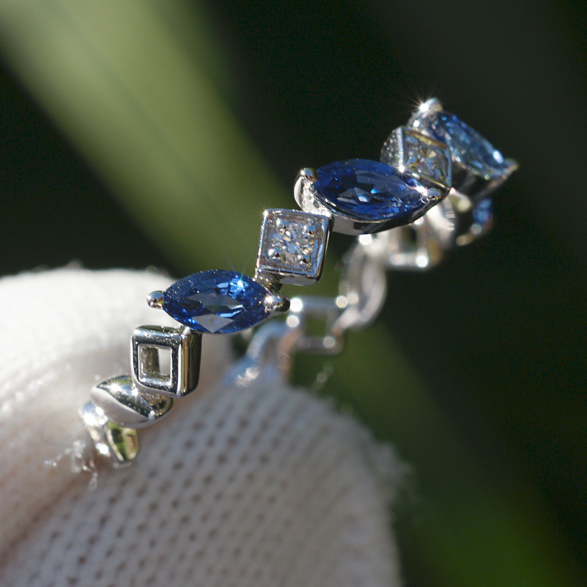 Marquise sapphire and diamond band white gold