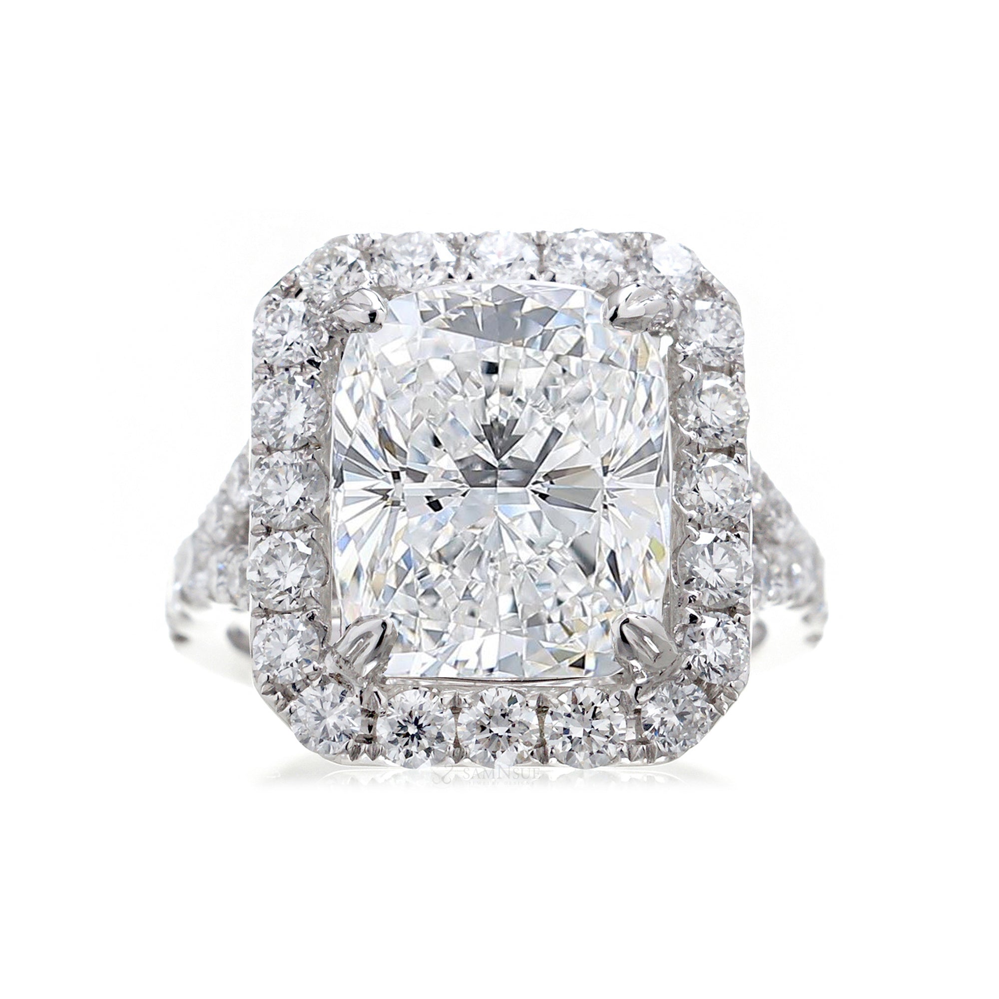 Cushion diamond ring with large halo and split band setting