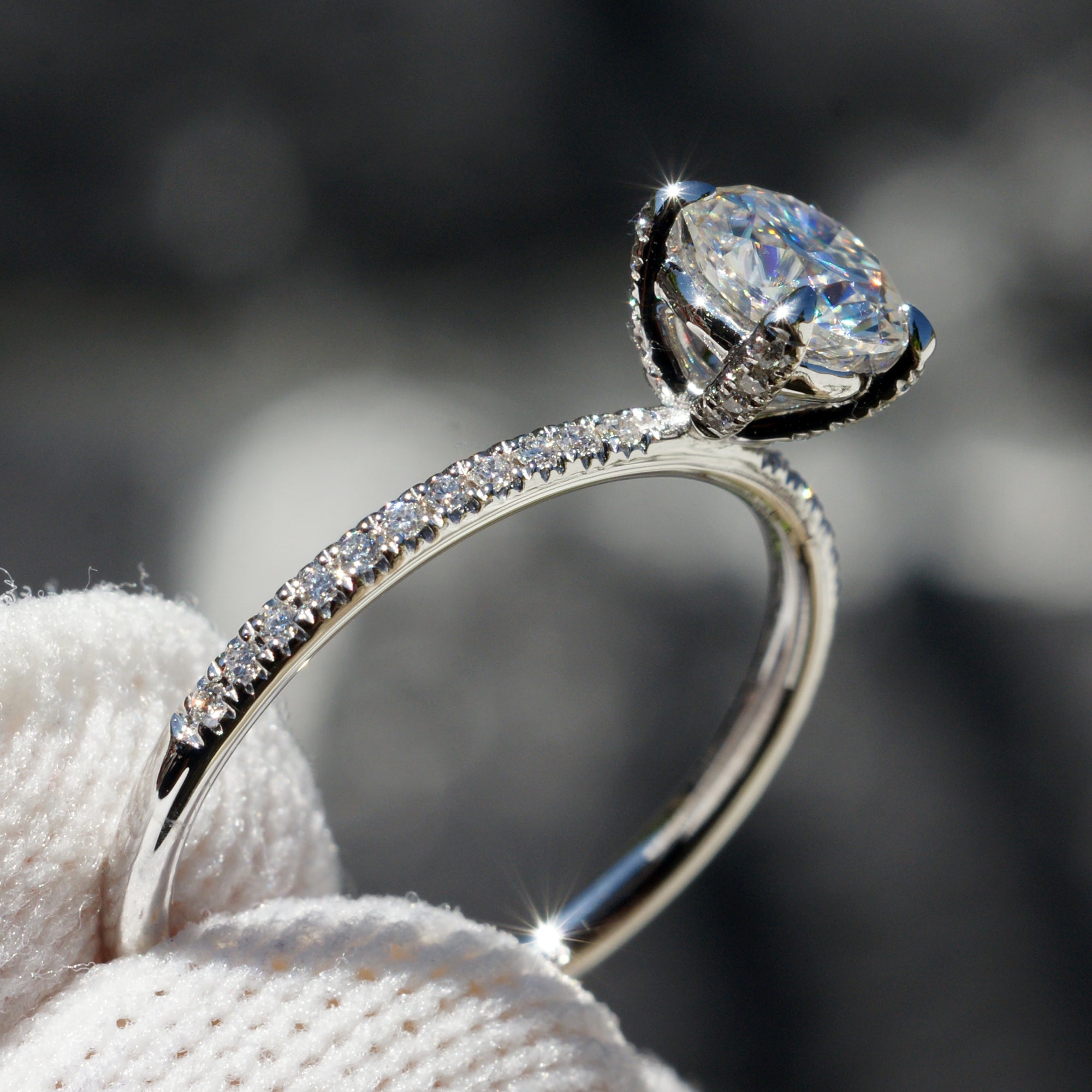 Round Moissanite Ring 6mm 18k White Gold -The Ava (1.6mm Band)