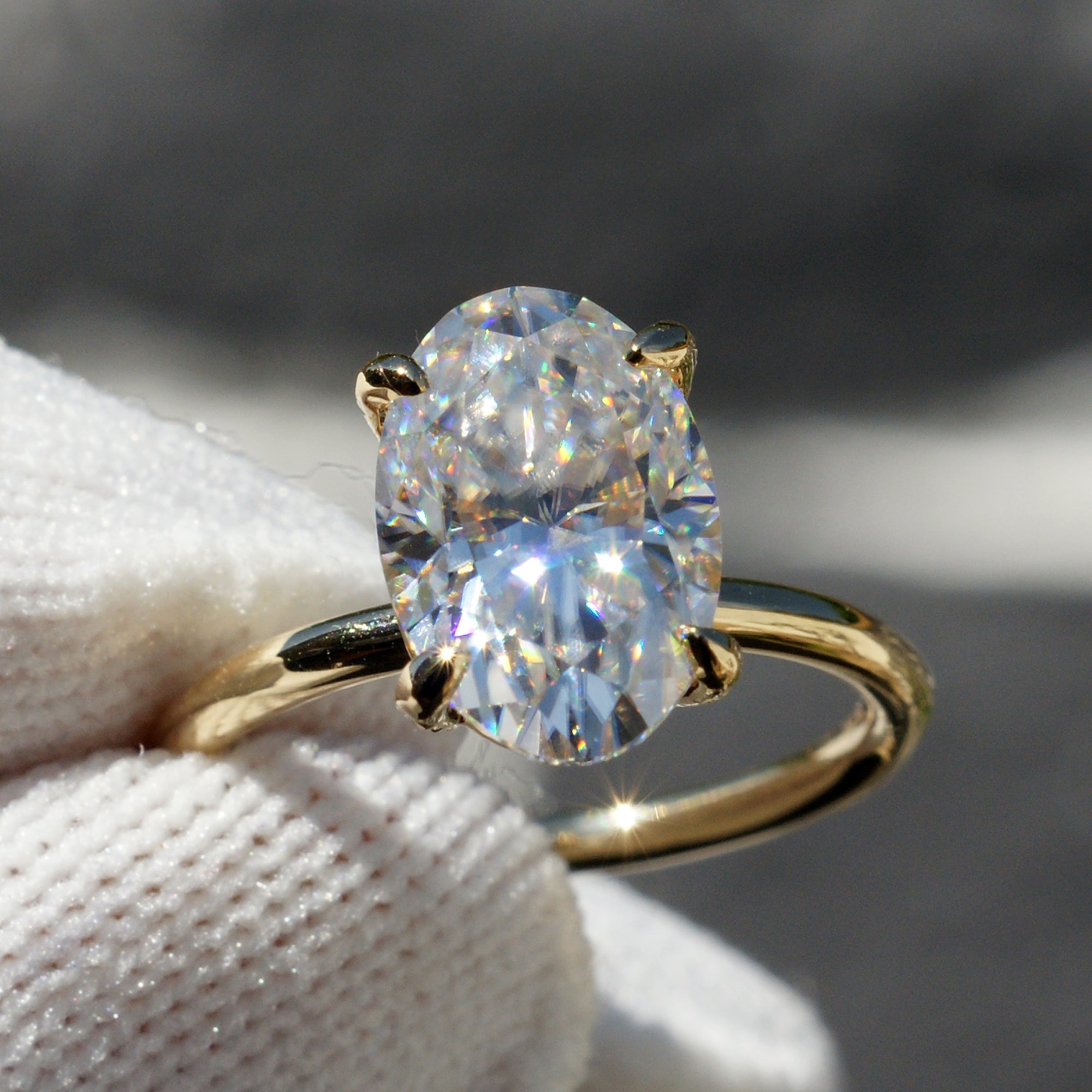 Oval Moissanite Ring 12x8mm 18k Yellow Gold -The Ava (1.8mm Solid Band)