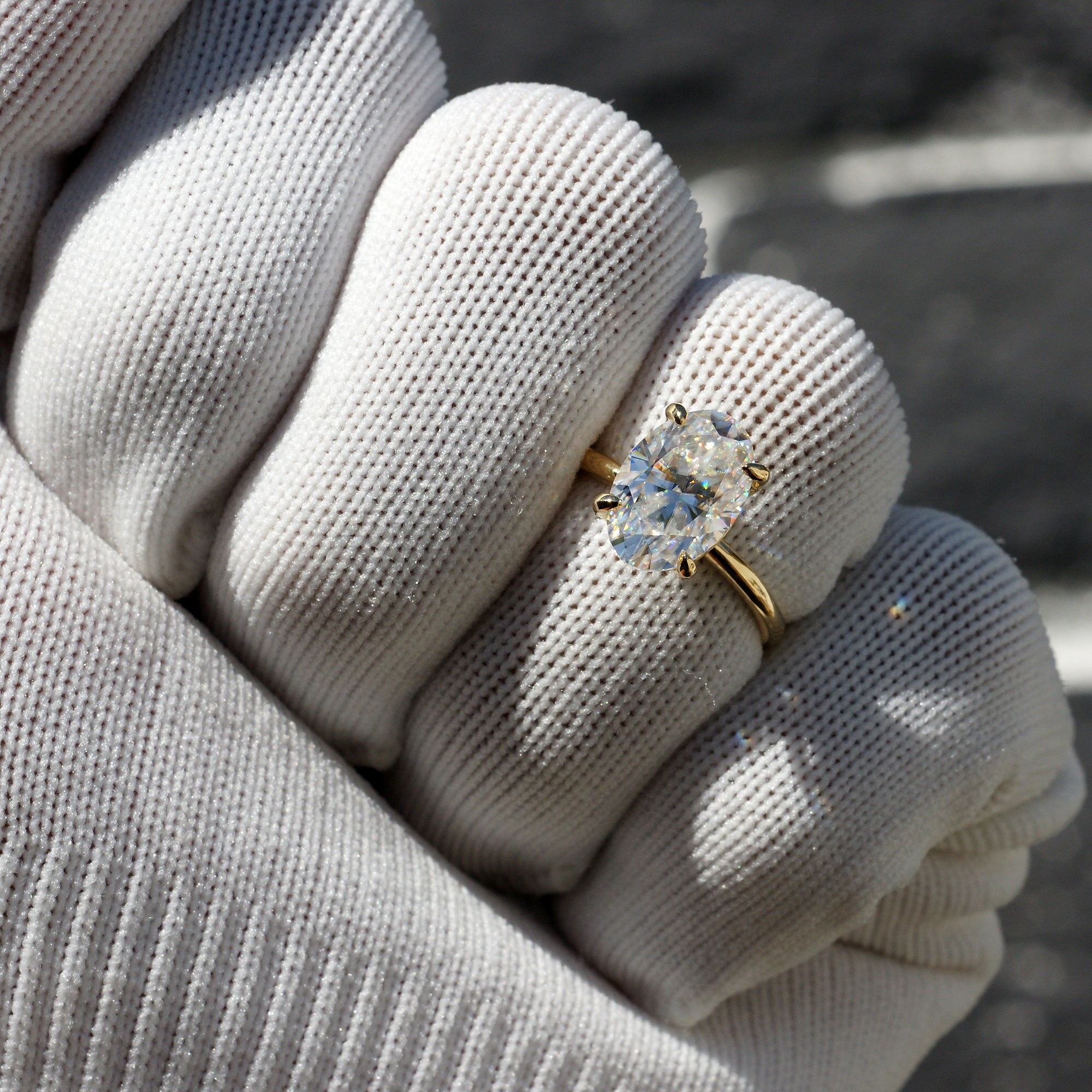Oval Moissanite Ring 12x8mm 18k Yellow Gold -The Ava (1.8mm Solid Band)