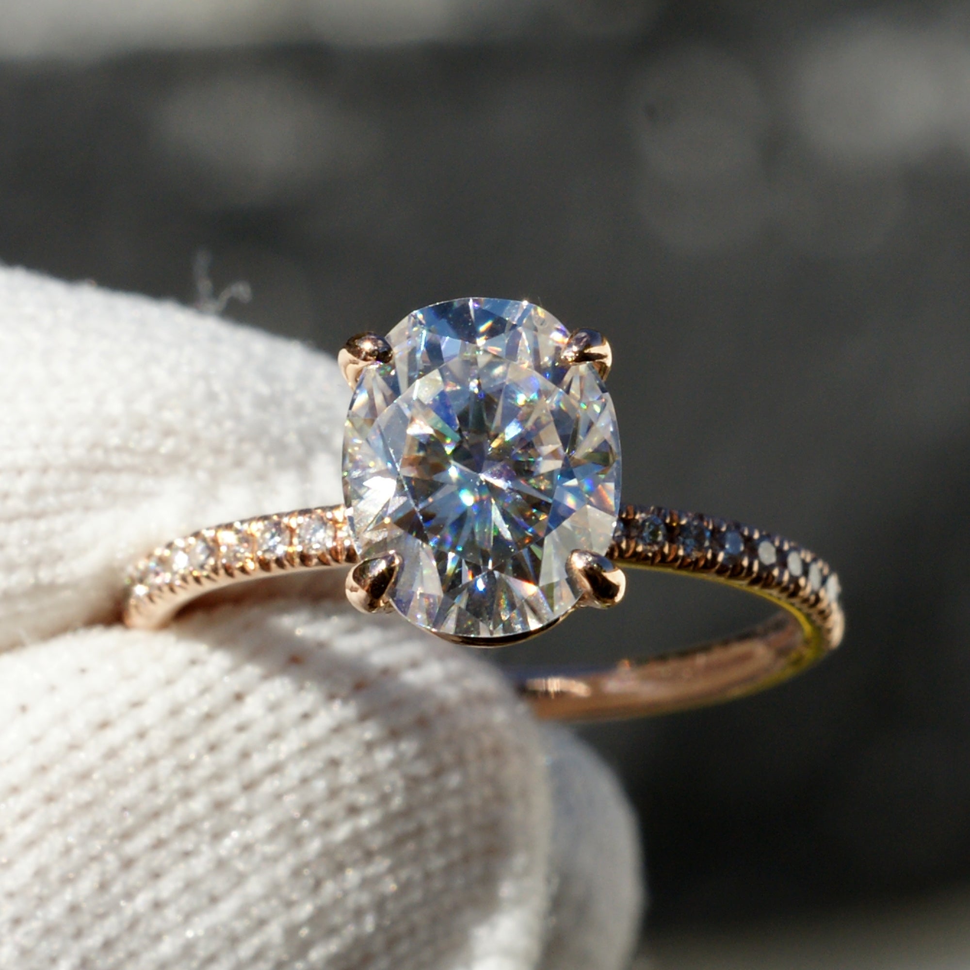 Oval Moissanite Ring 9x7mm 14k Rose Gold -The Ava Band)