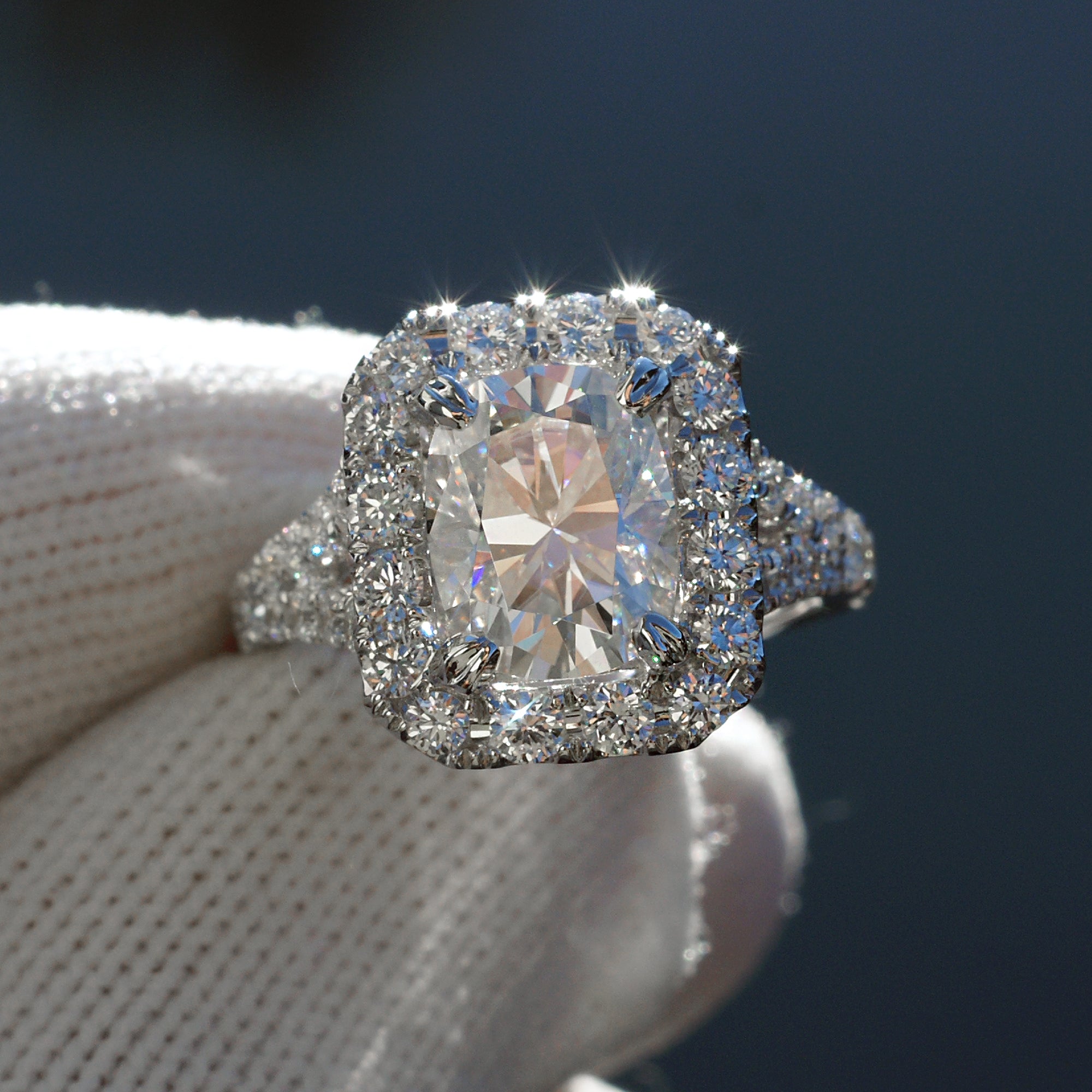 The Meghan Cushion Moissanite 9x7mm 18k white gold