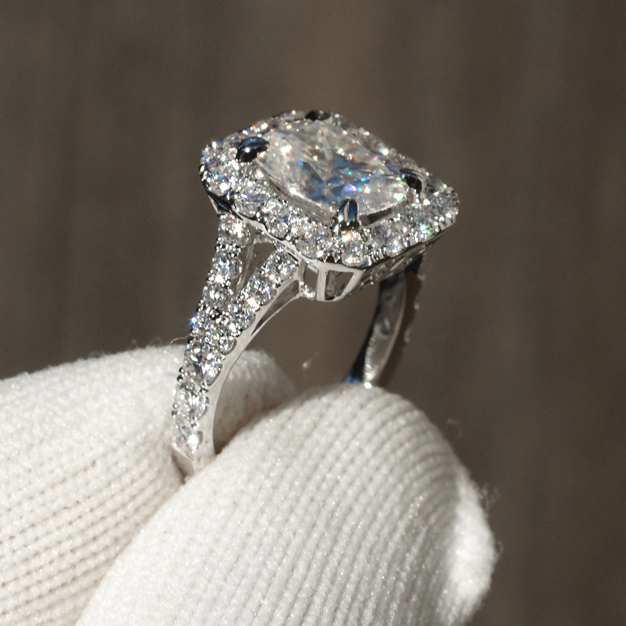 The Meghan Cushion Moissanite 9x7mm 18k white gold